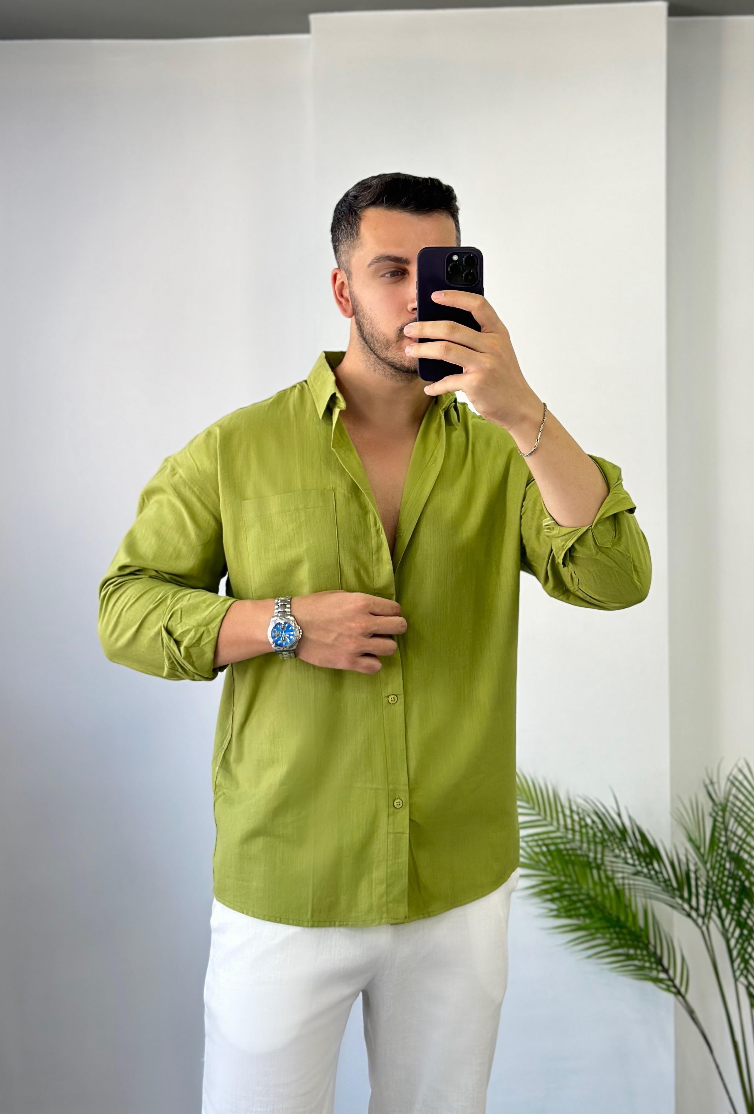 Zeytin Yeşili Cepli Oversize Keten Gömlek 