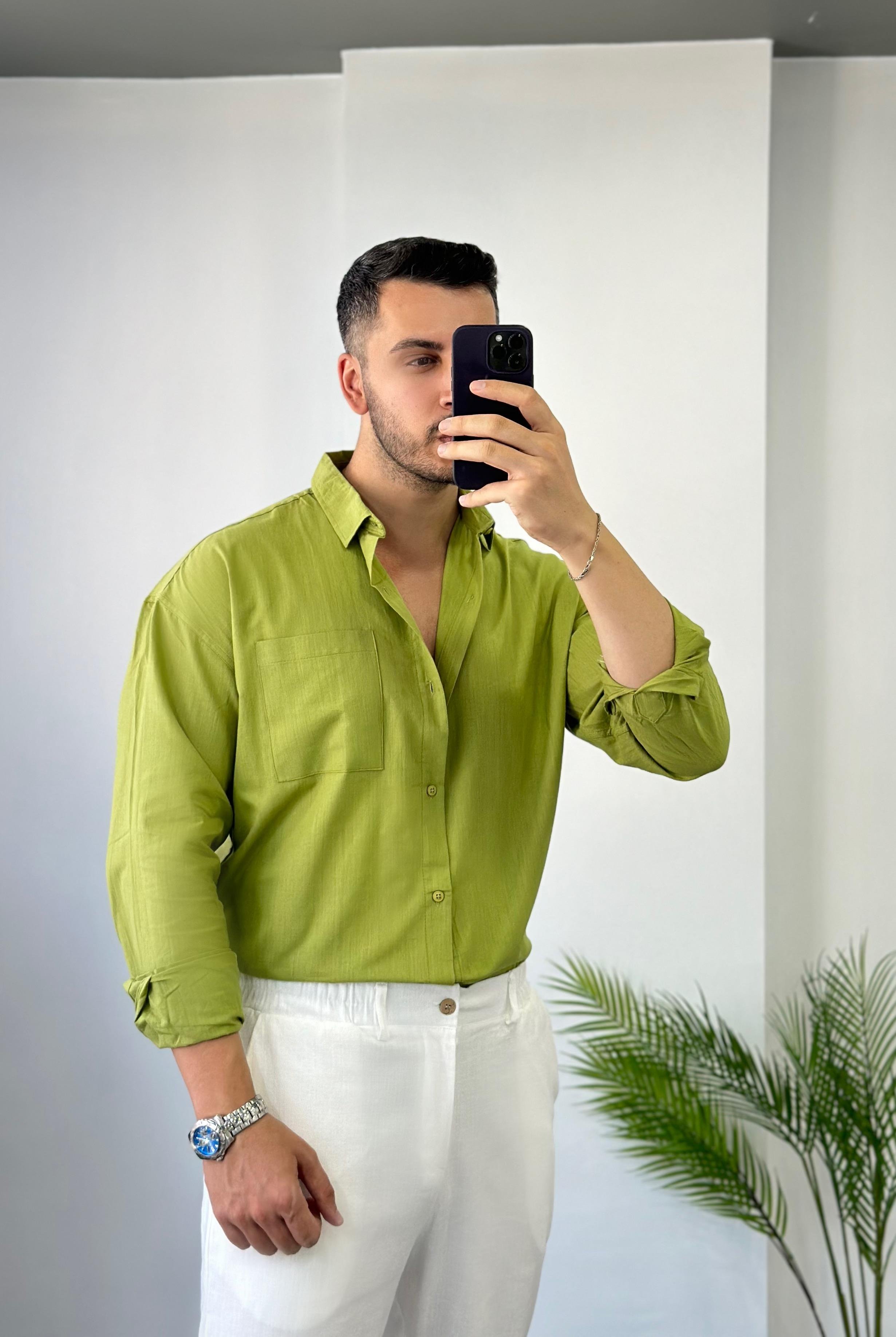 Zeytin Yeşili Cepli Oversize Keten Gömlek 