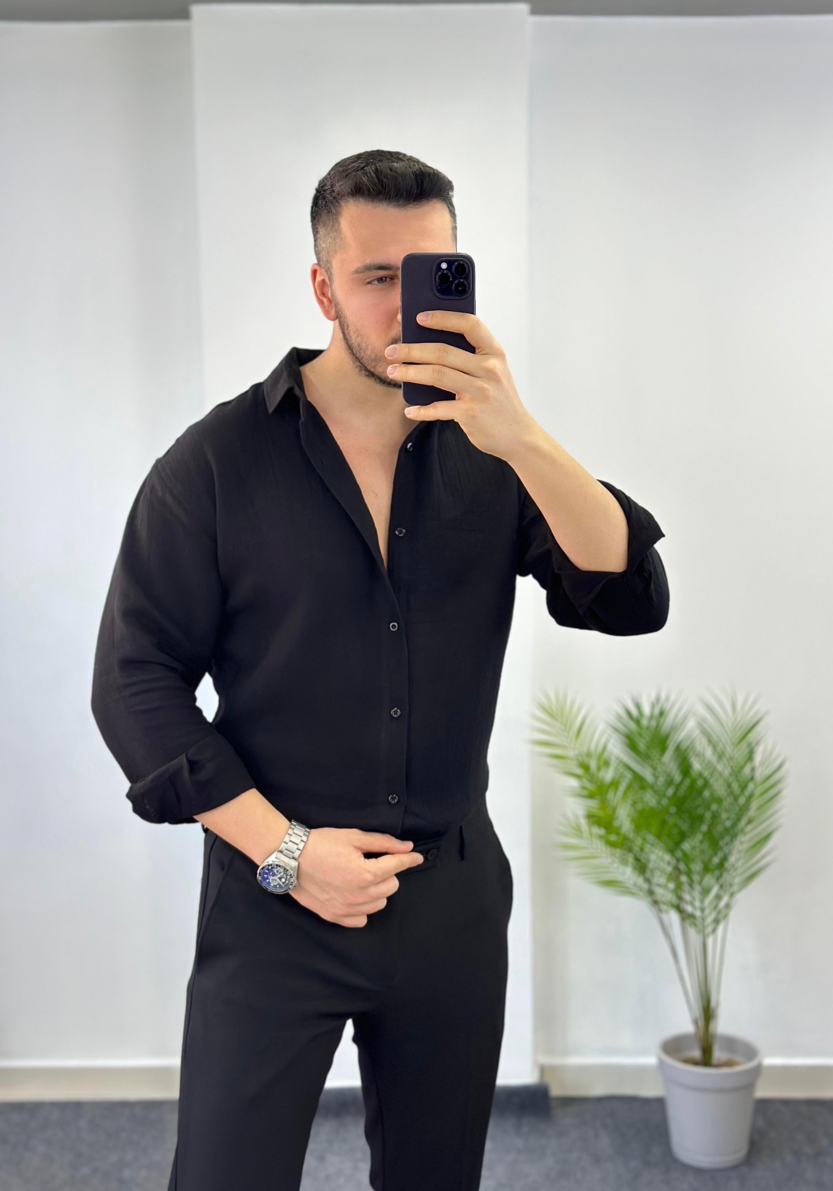 Zift Siyah Oversize Keten Gömlek