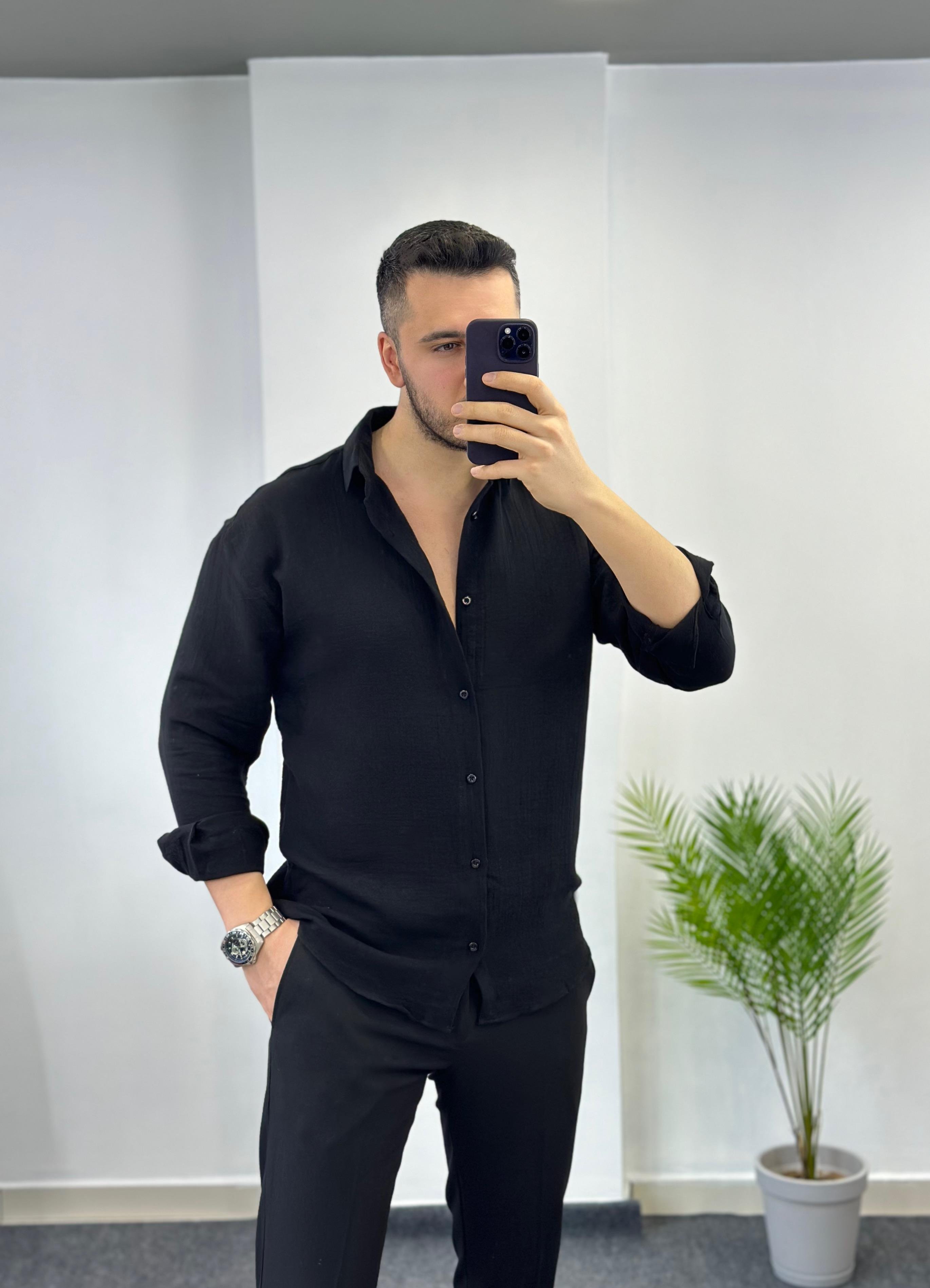 Zift Siyah Oversize Keten Gömlek