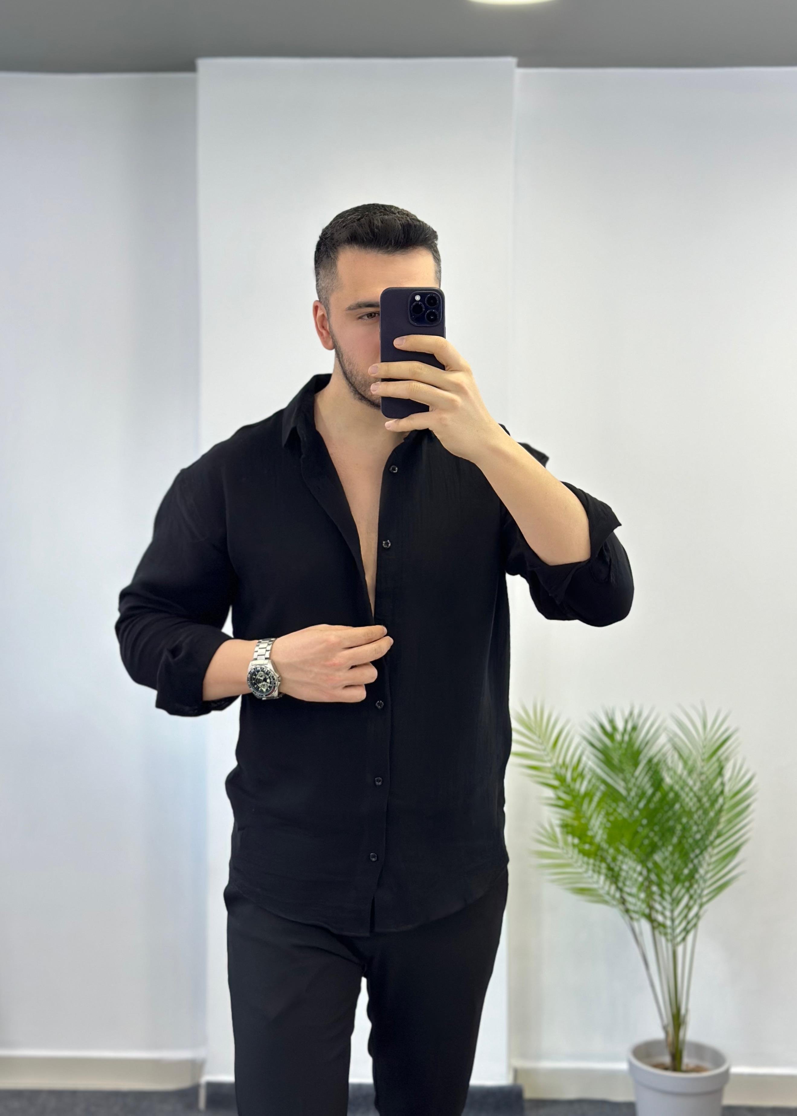 Zift Siyah Oversize Keten Gömlek
