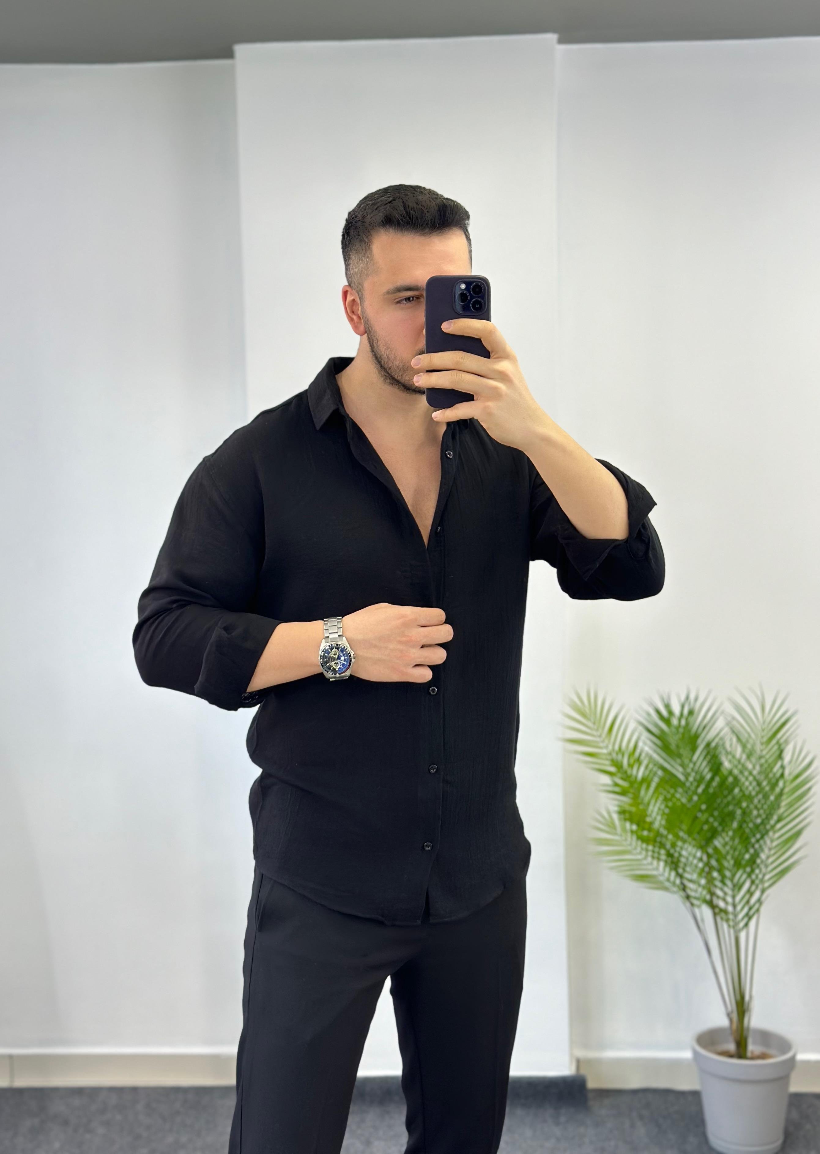 Zift Siyah Oversize Keten Gömlek