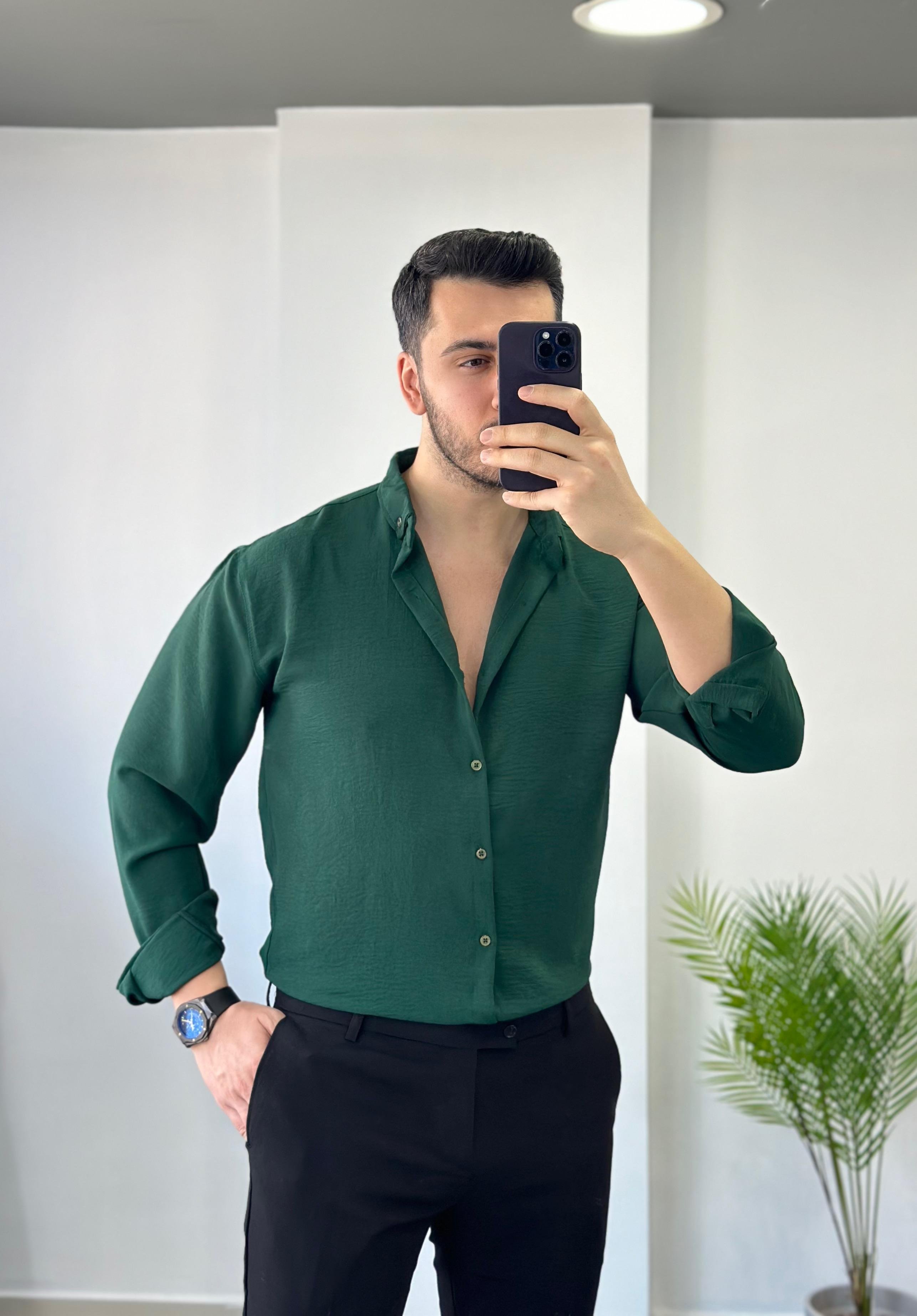 Zümrüt Yeşili Yarım Oversize Keten Gömlek