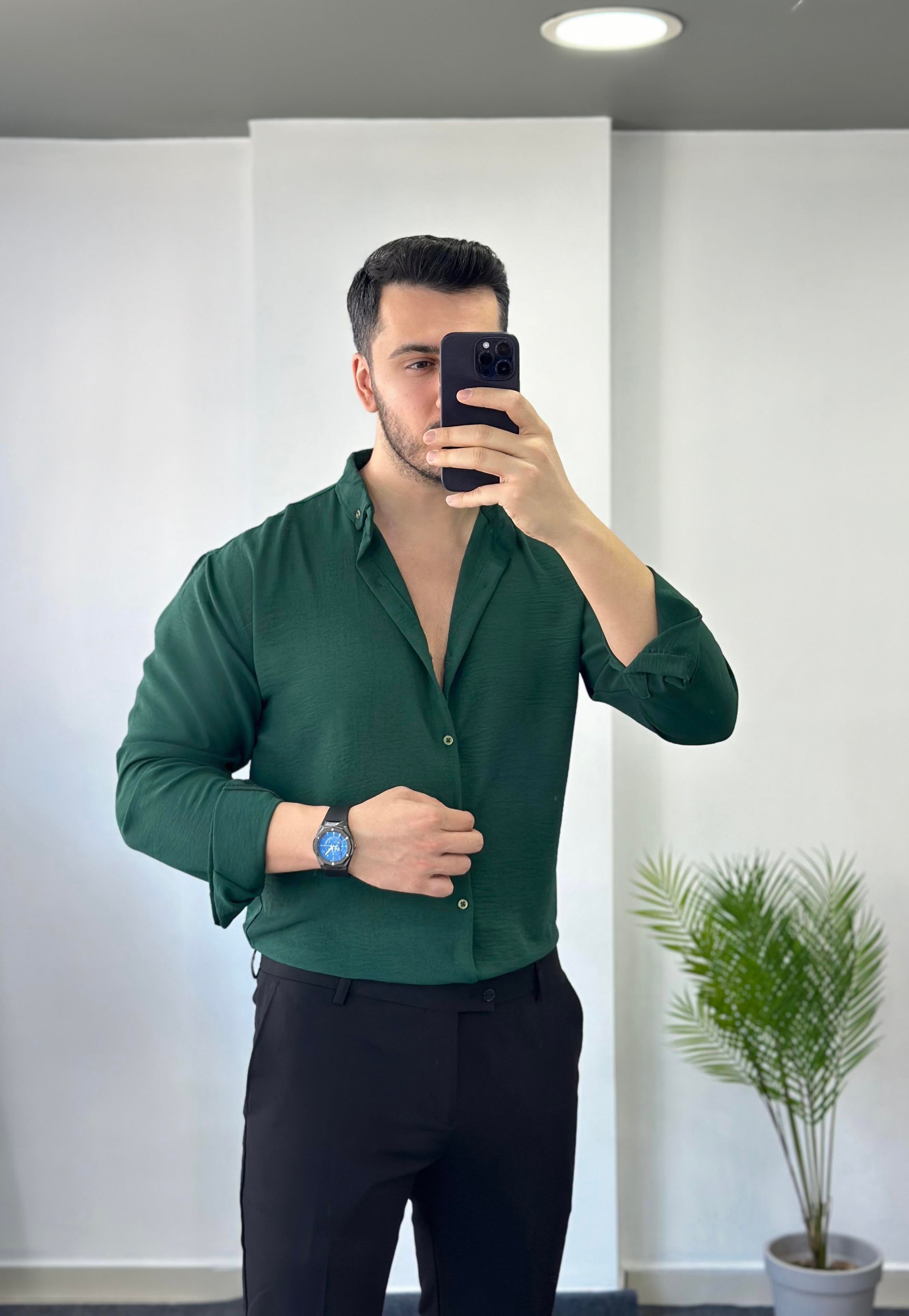 Zümrüt Yeşili Yarım Oversize Keten Gömlek