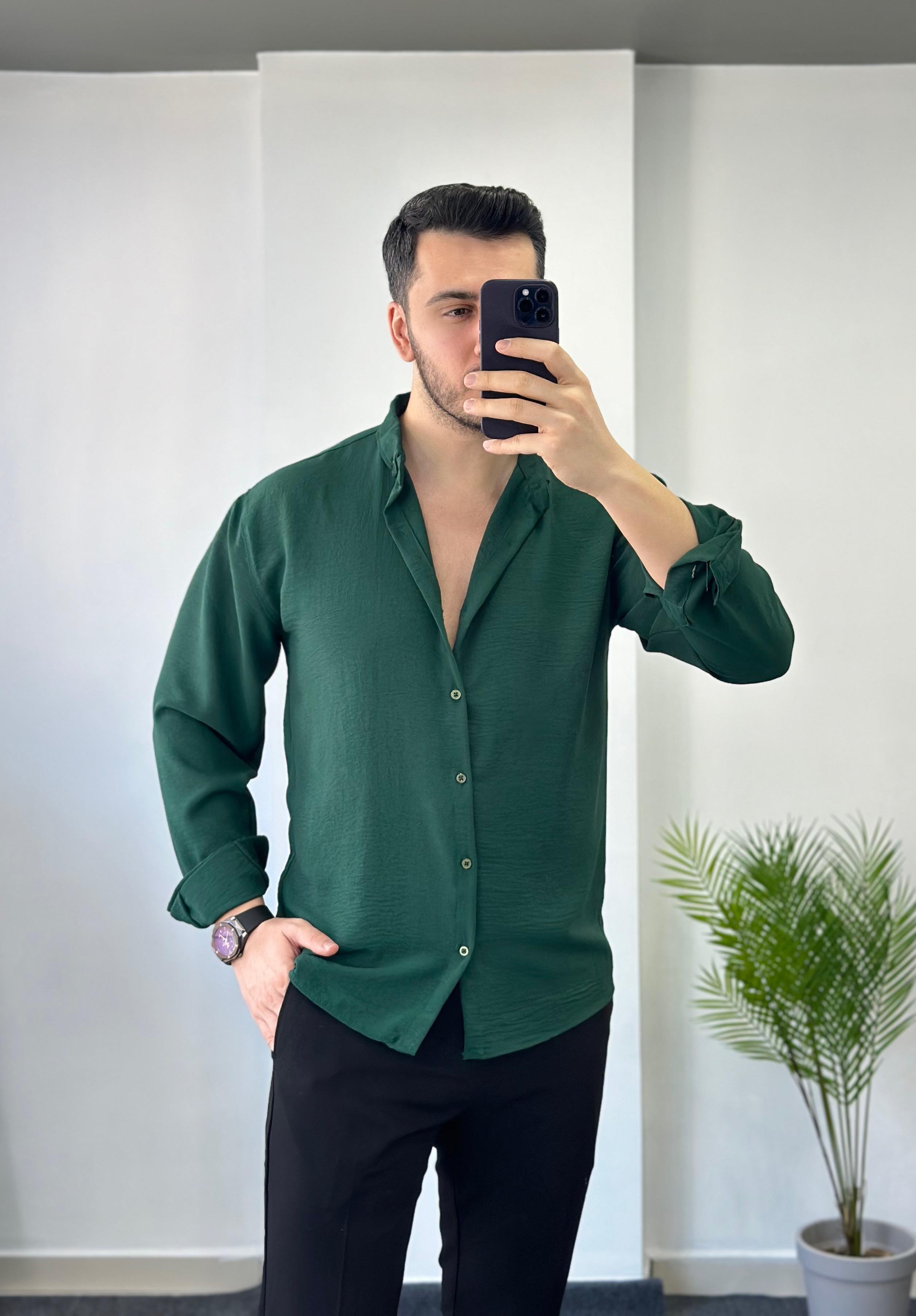 Zümrüt Yeşili Yarım Oversize Keten Gömlek