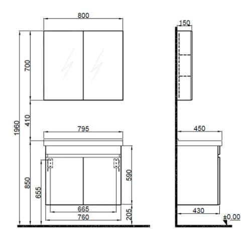 Krea Kapaklı takım 80Cm Modern Cevız (Lavabo+Lavabo Dolabı+Ayna Dolabı) 610100200962