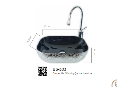 Pure Crocodile Gümüş Siyah Tezgah Üstü Çanak Lavabo Bs-303 BS-303