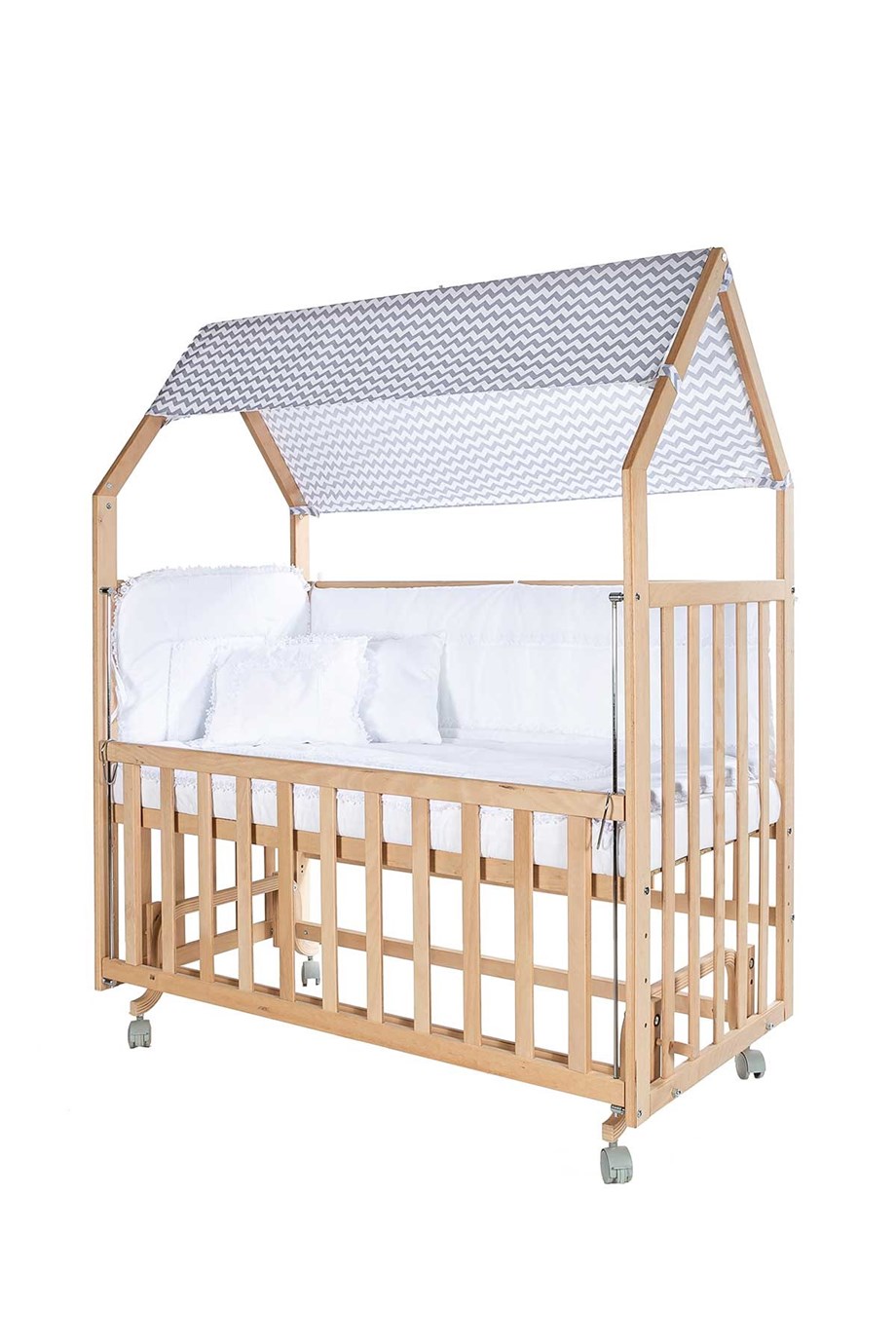 Baby Tech Anne Yanı Kademeli Montesorri Beşik - Tekerlekli + Beyaz Uyku Seti