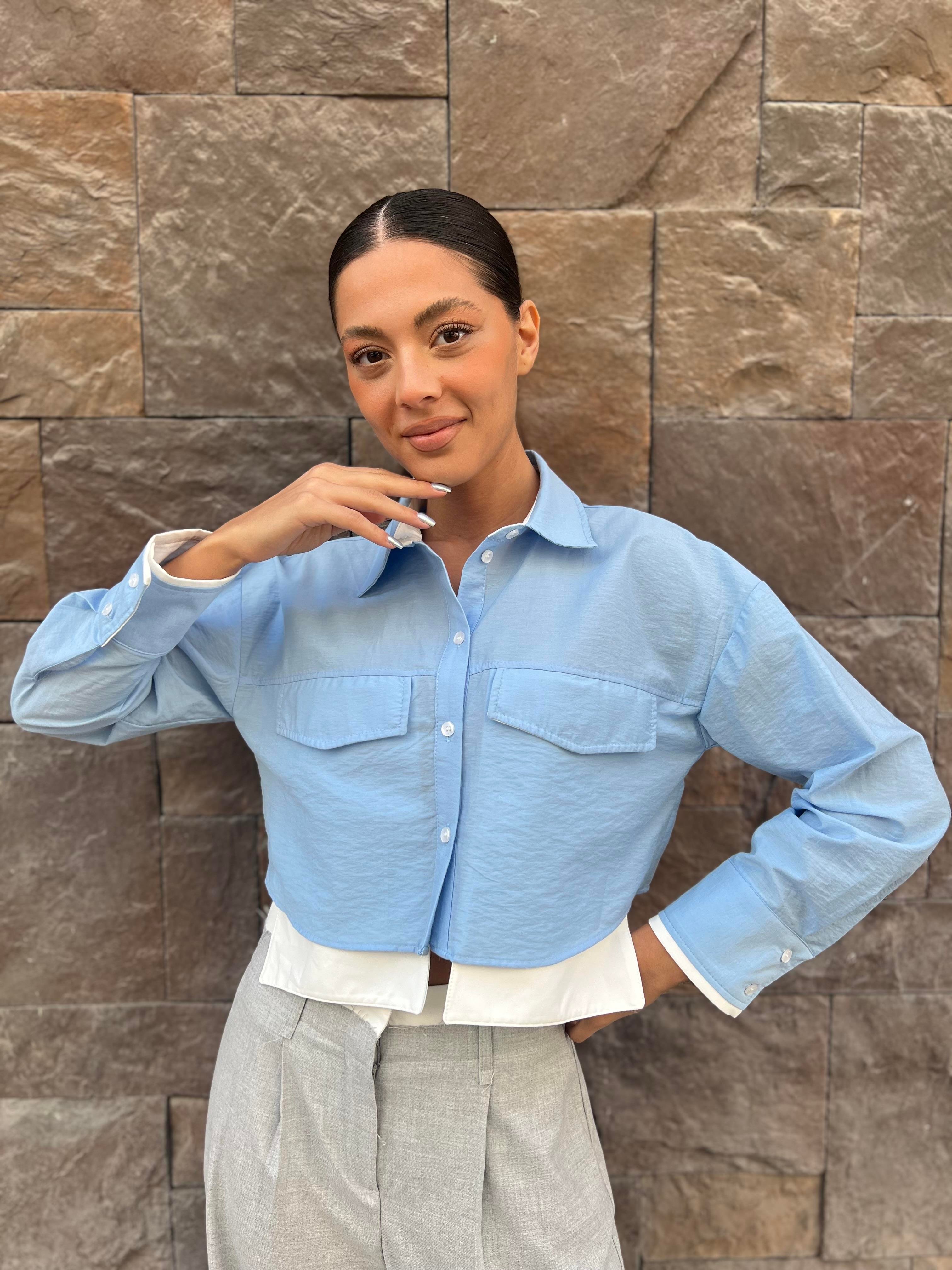 Cepli Crop Gömlek -Mavi 