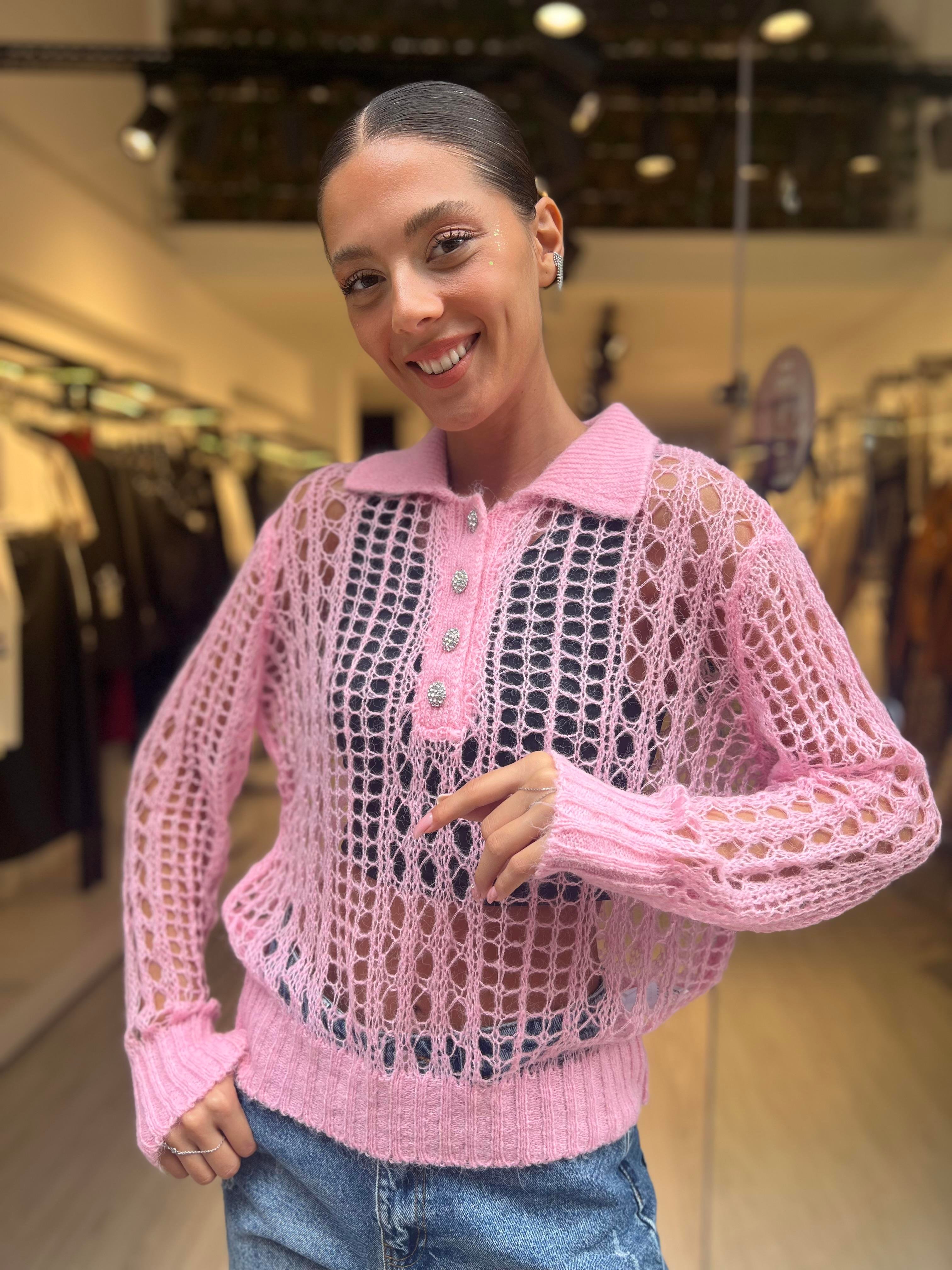 Dlvn Taş Düğmeli Triko-Pembe 