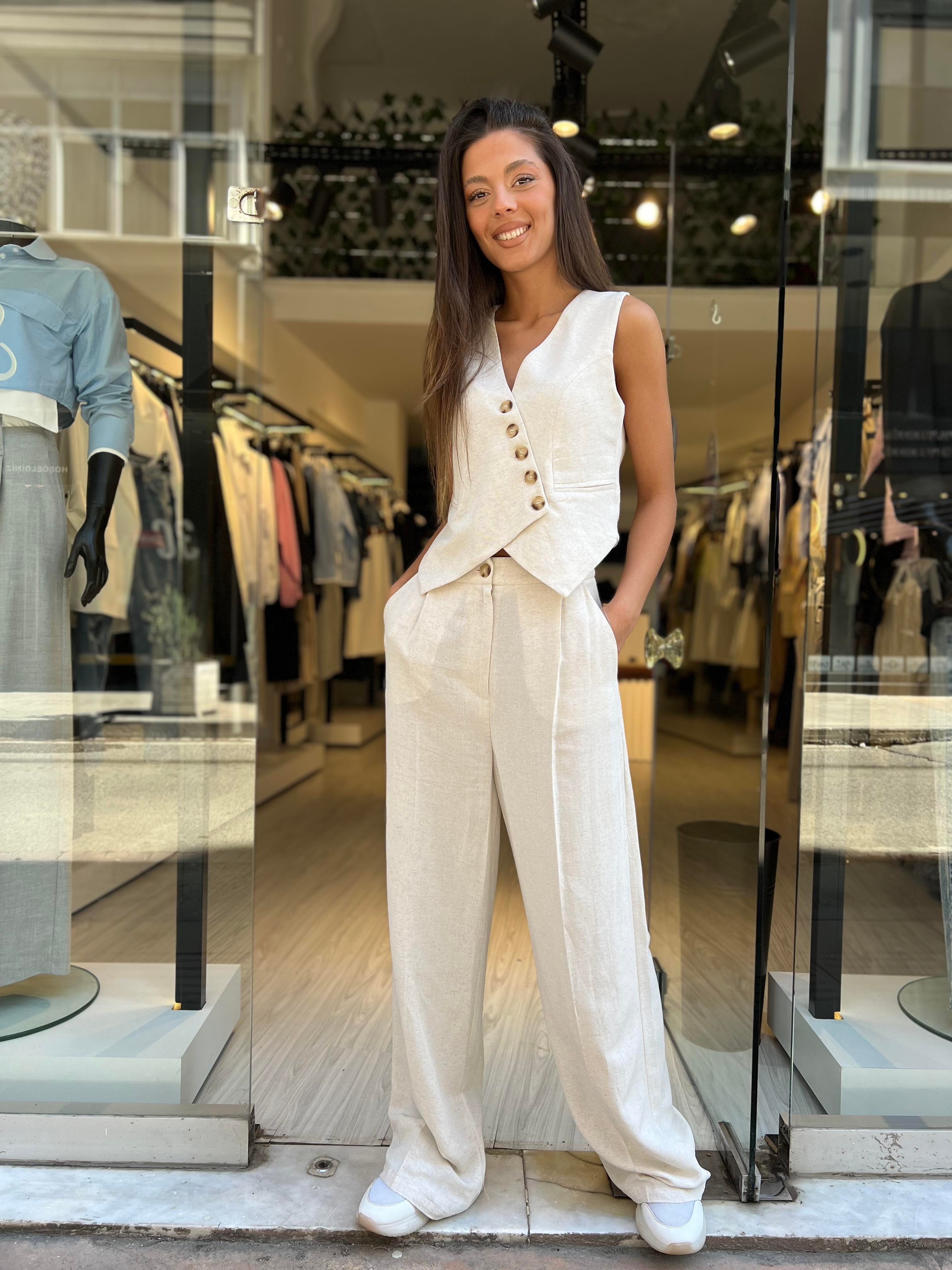 Ef.Keten Yelek Takım-Krem