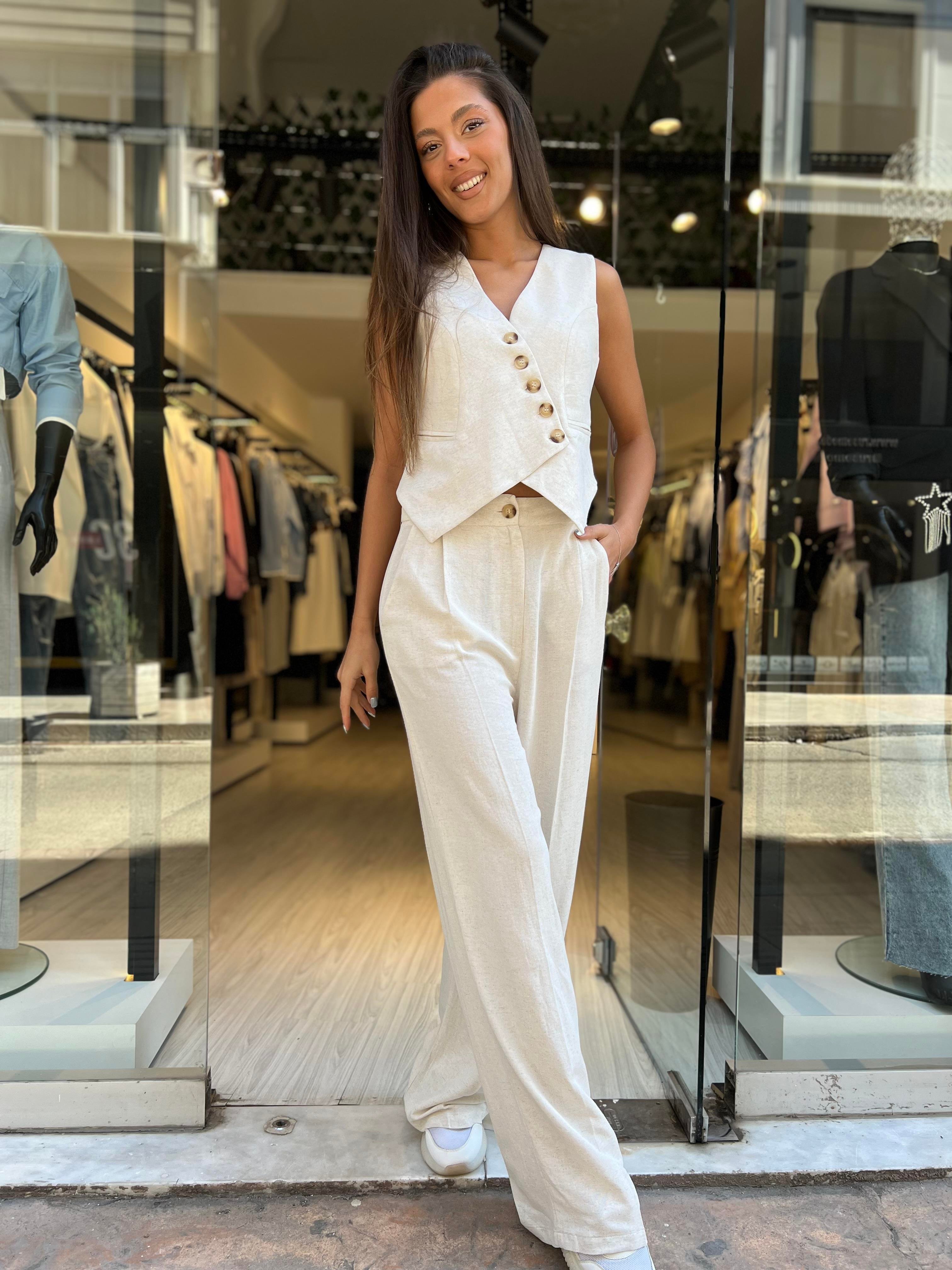 Ef.Keten Yelek Takım-Krem