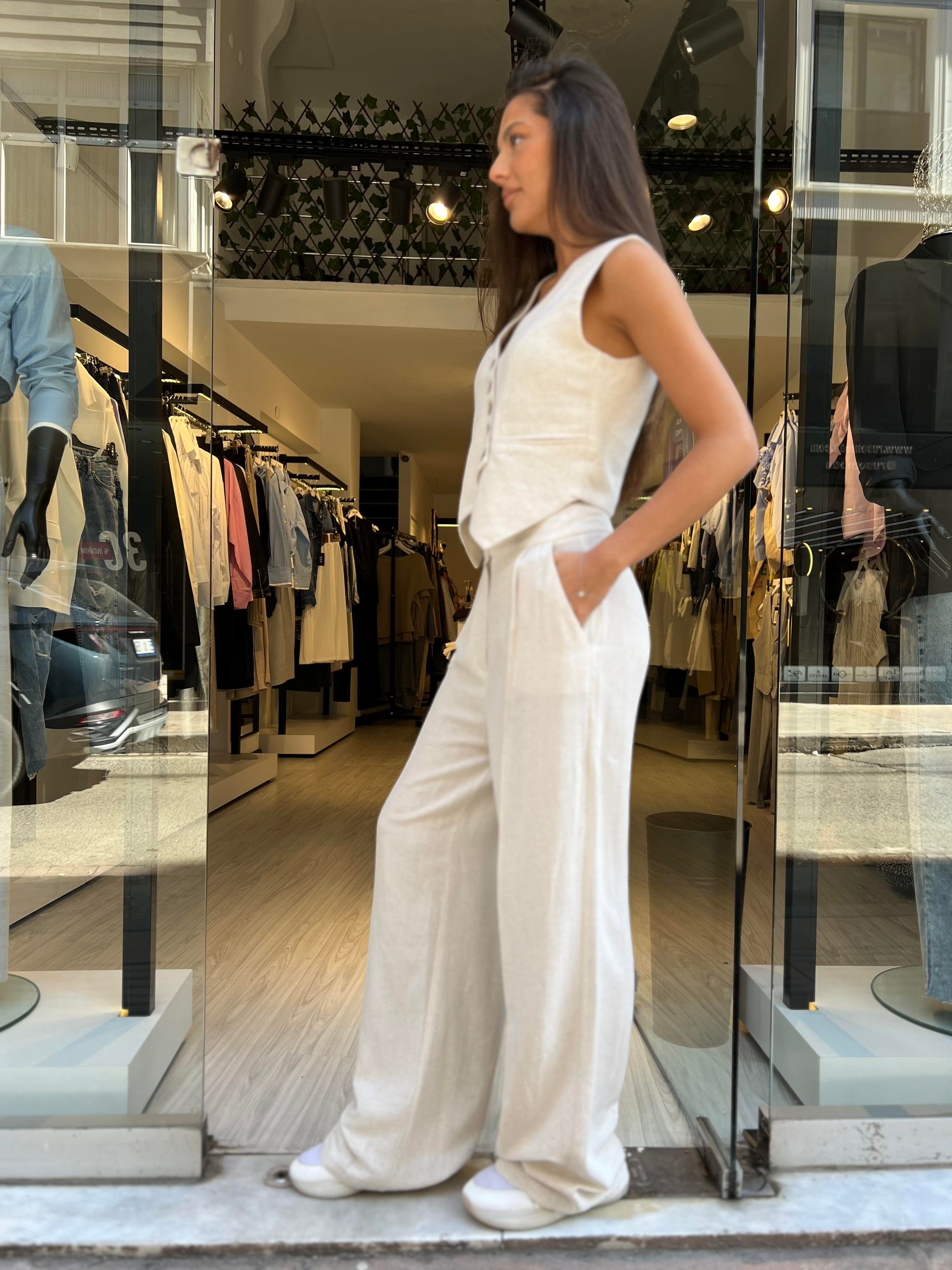 Ef.Keten Yelek Takım-Krem