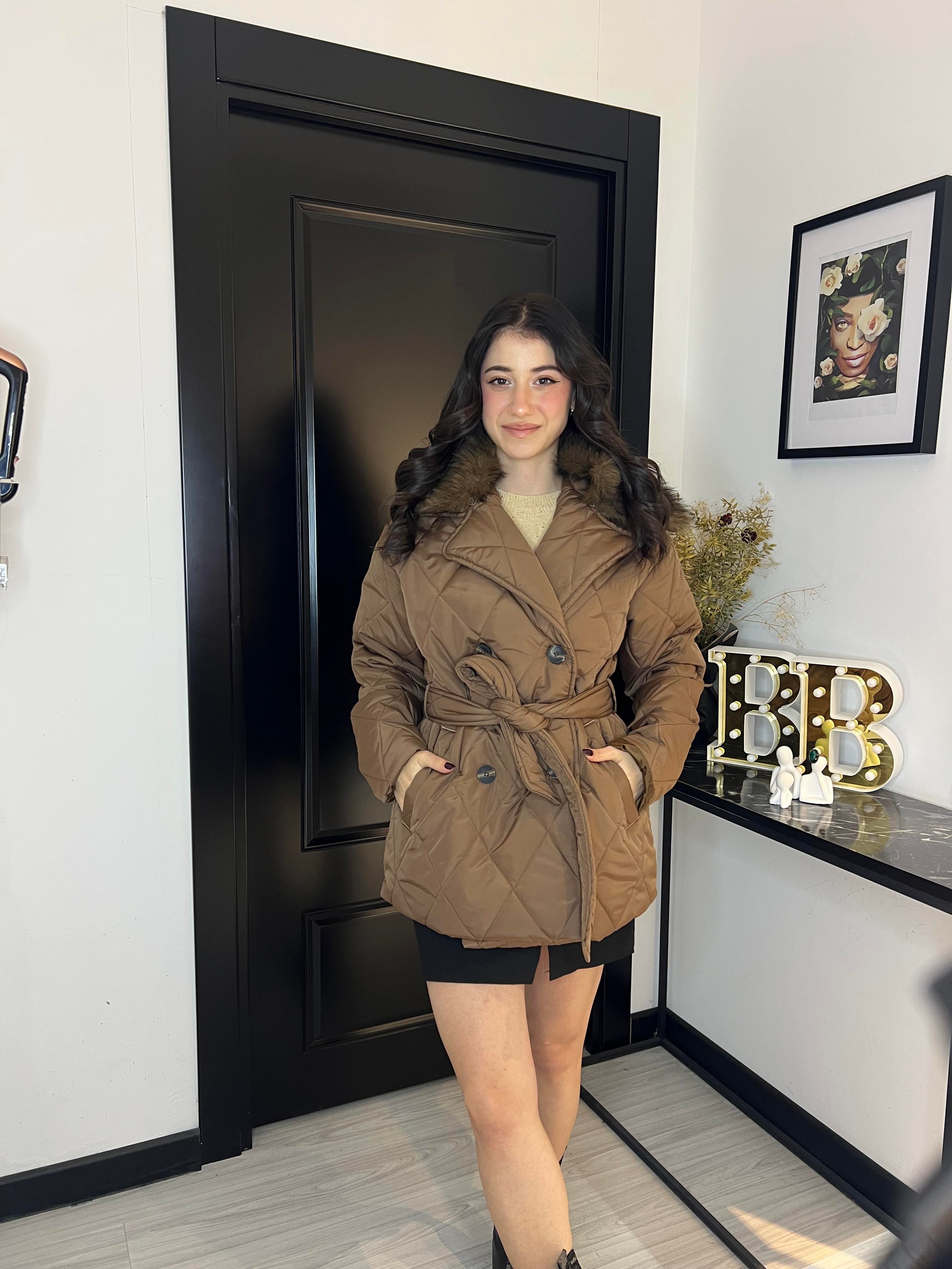 Kapitone Kürklü Mont-Kahve