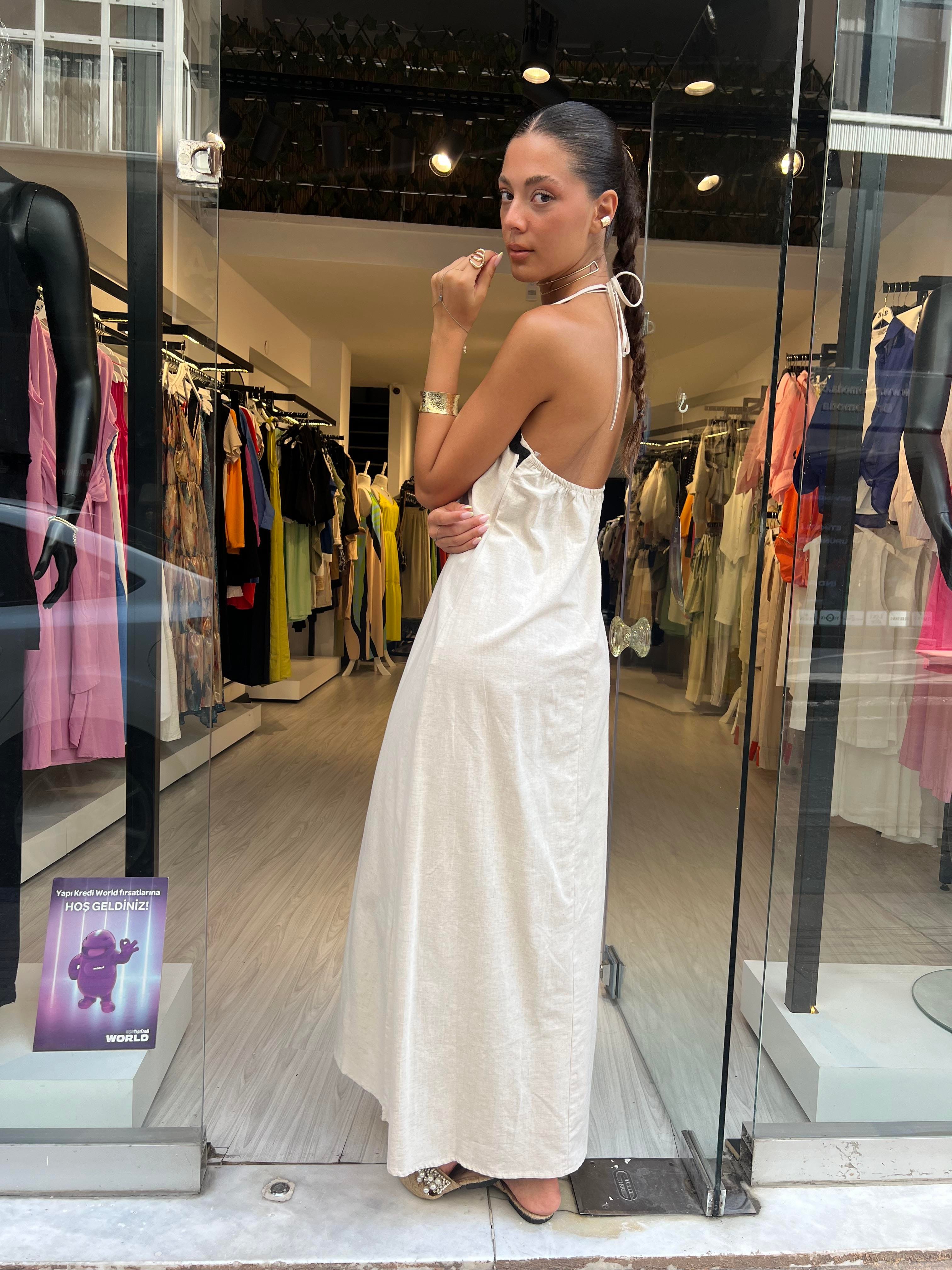 Key.Biyeli Boyundan Bağlamalı Elbise -Taş