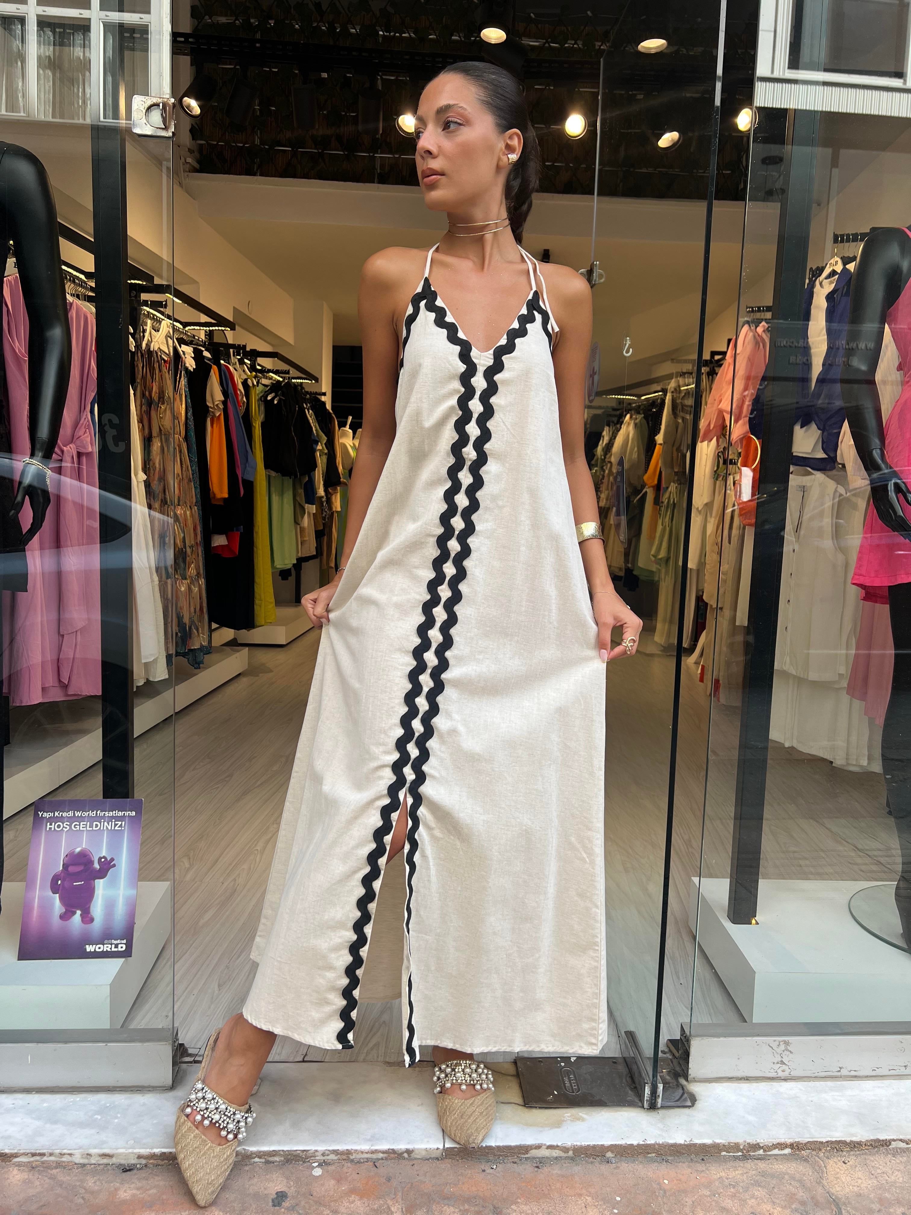 Key.Biyeli Boyundan Bağlamalı Elbise -Taş