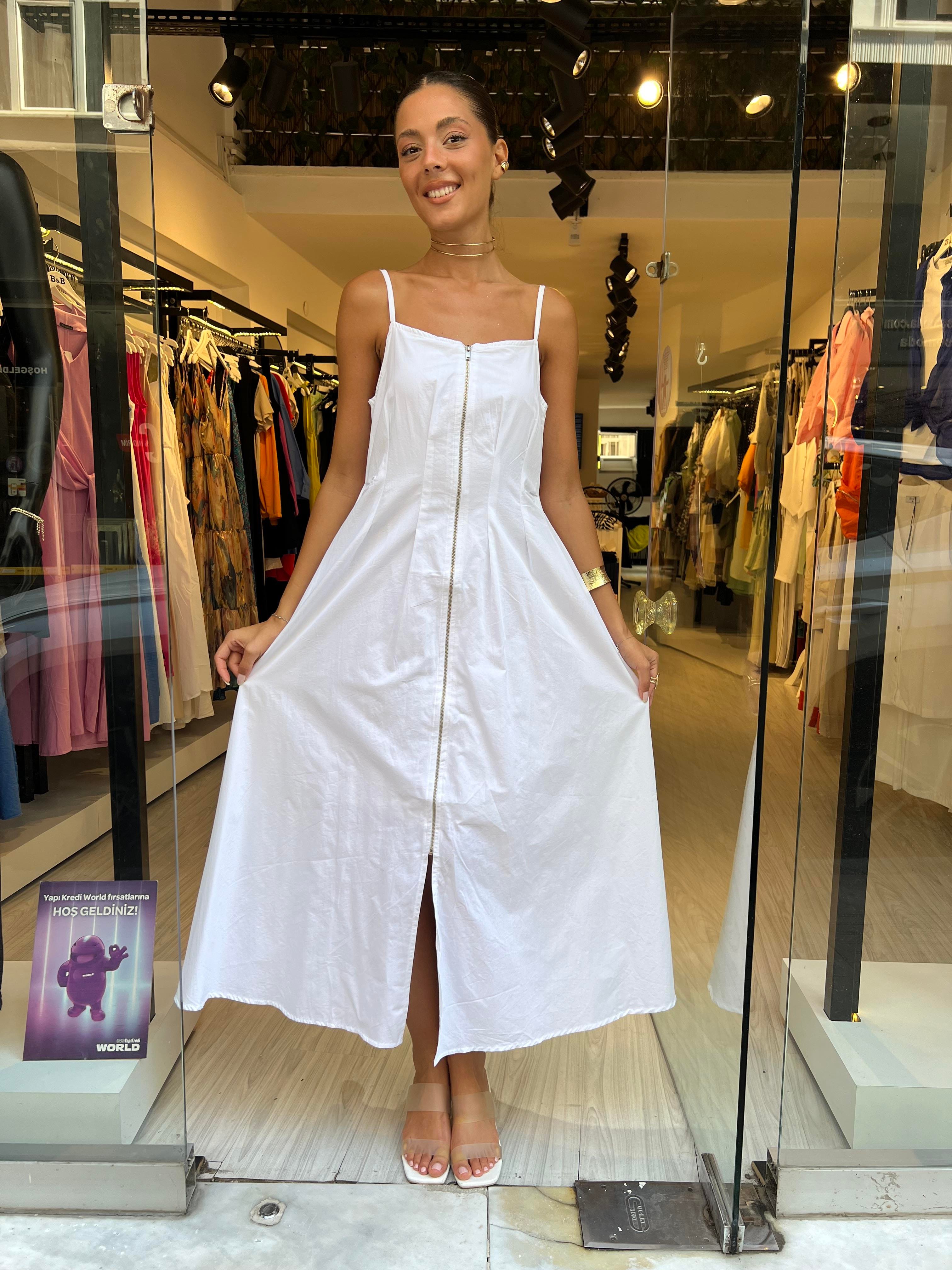 Key.Fermuarlı Askılı Elbise-Beyaz