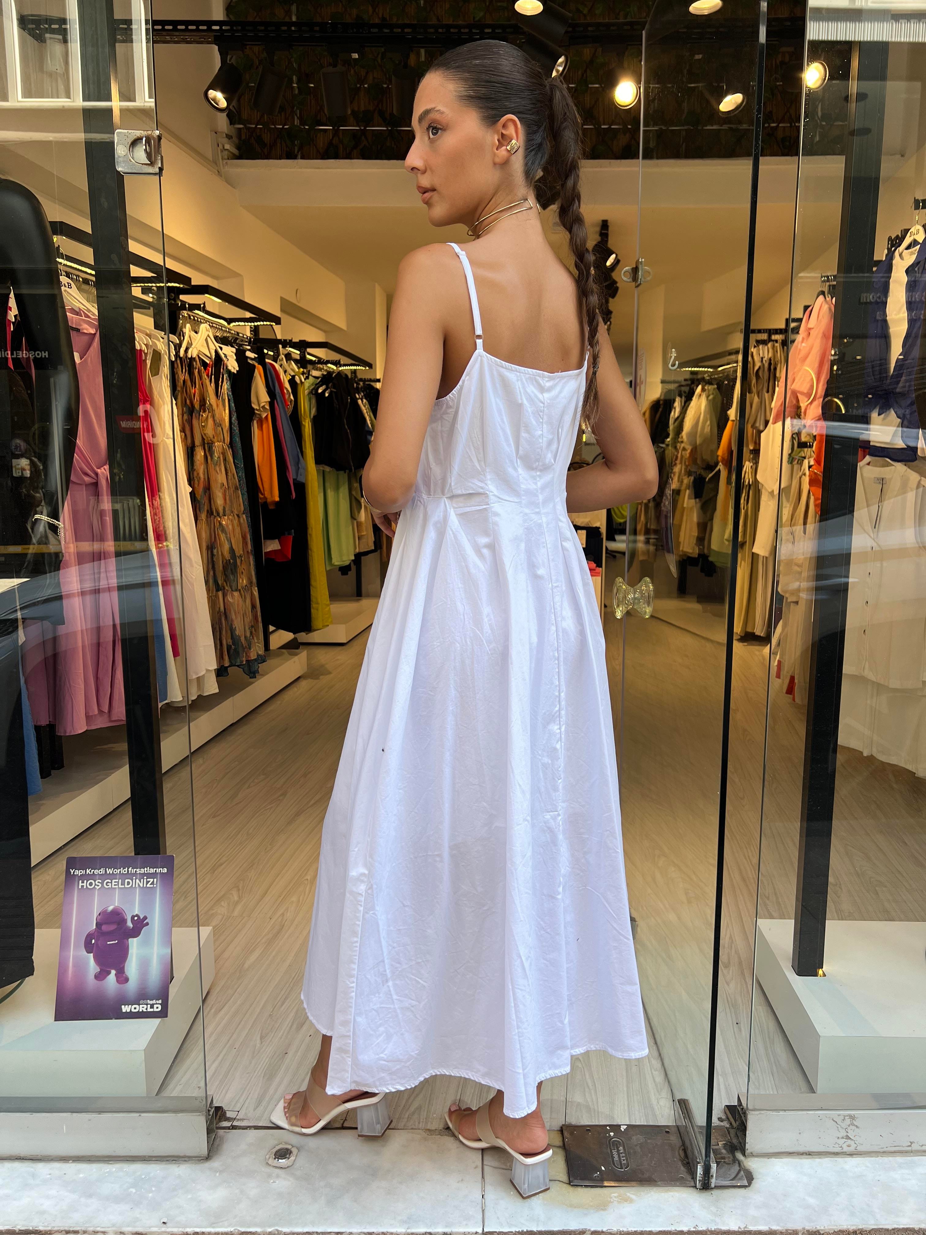 Key.Fermuarlı Askılı Elbise-Beyaz