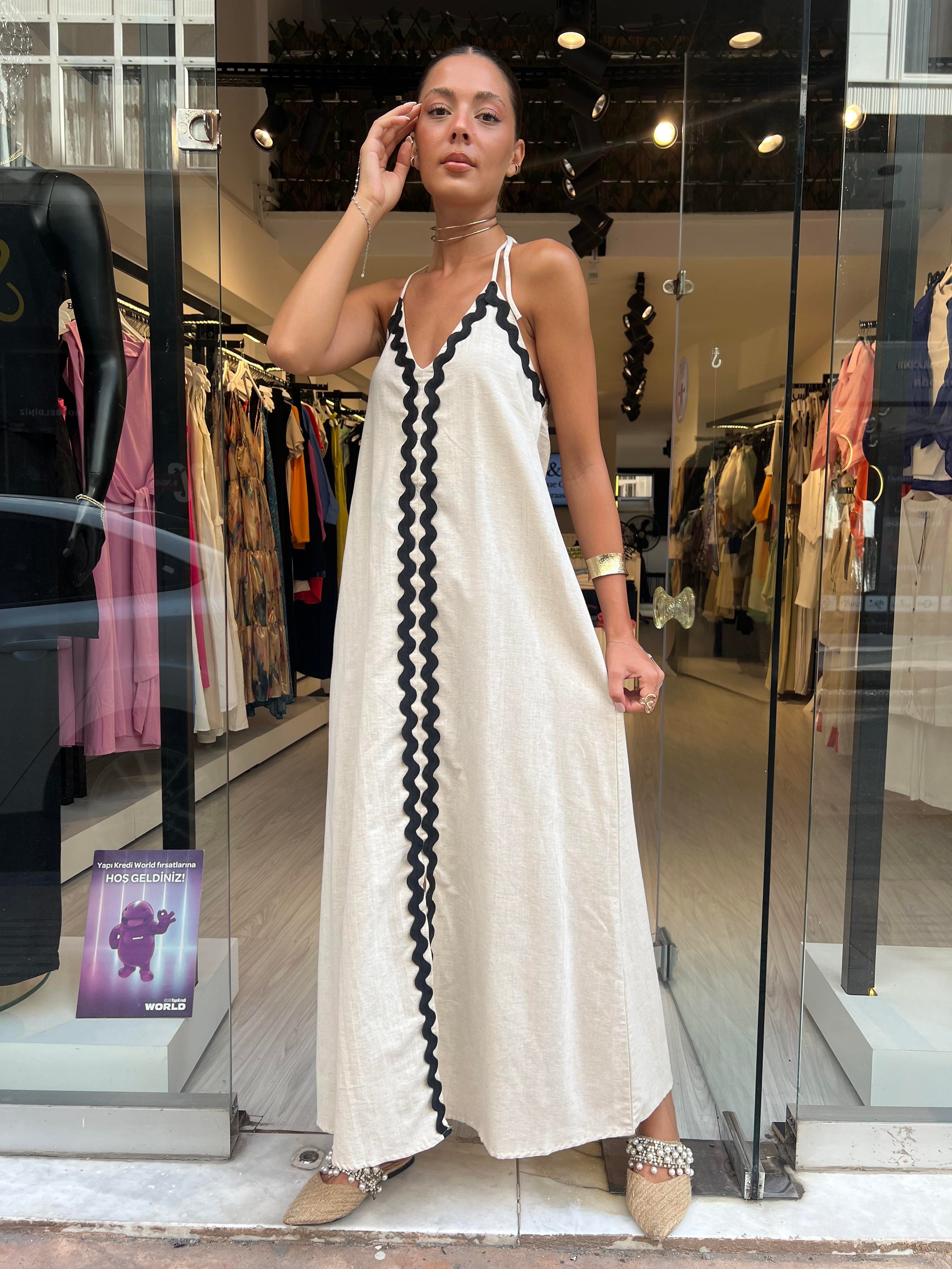 Key.Biyeli Boyundan Bağlamalı Elbise -Taş