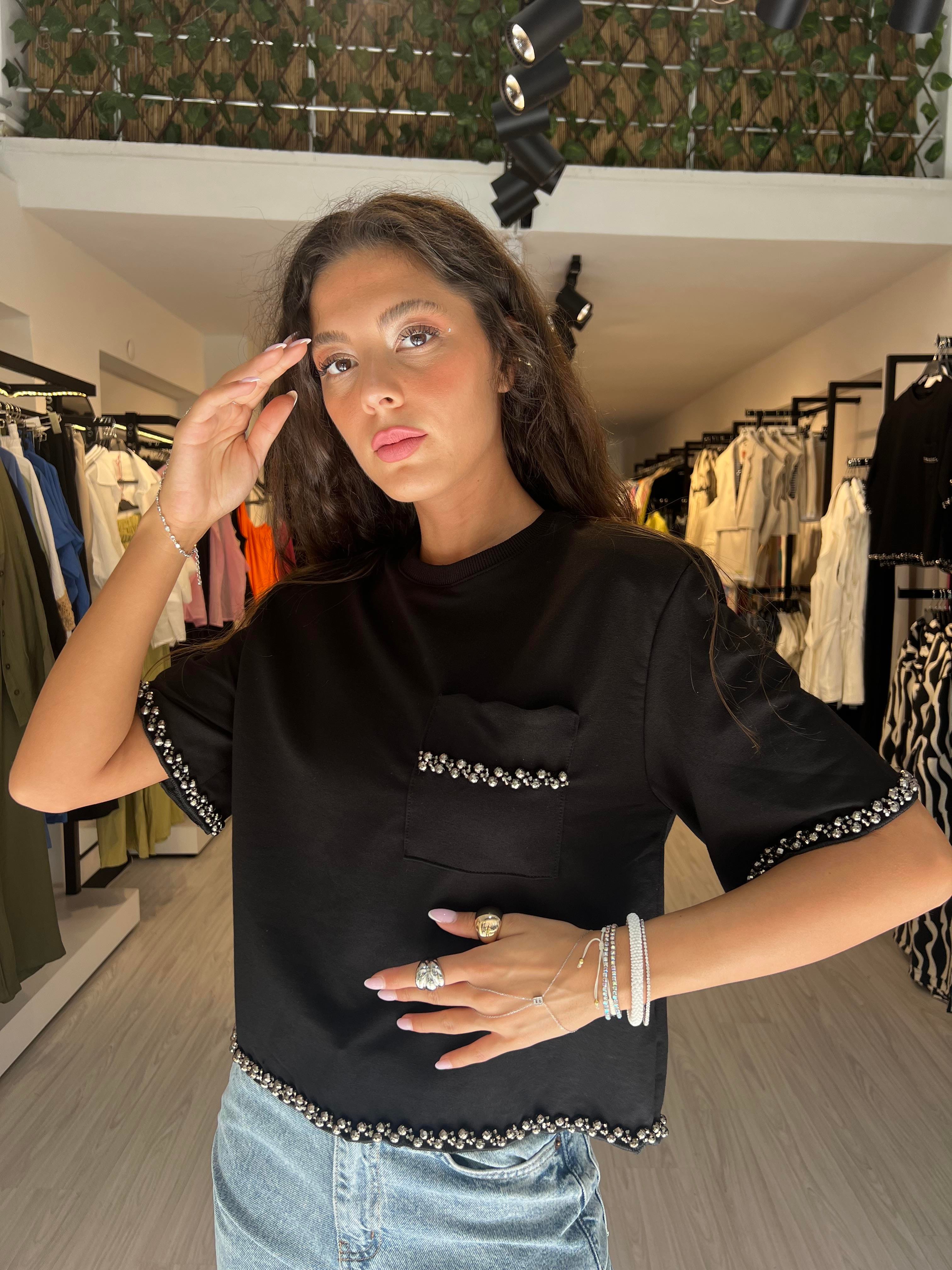 Key.Boncuk İşlemeli Bluz-Siyah