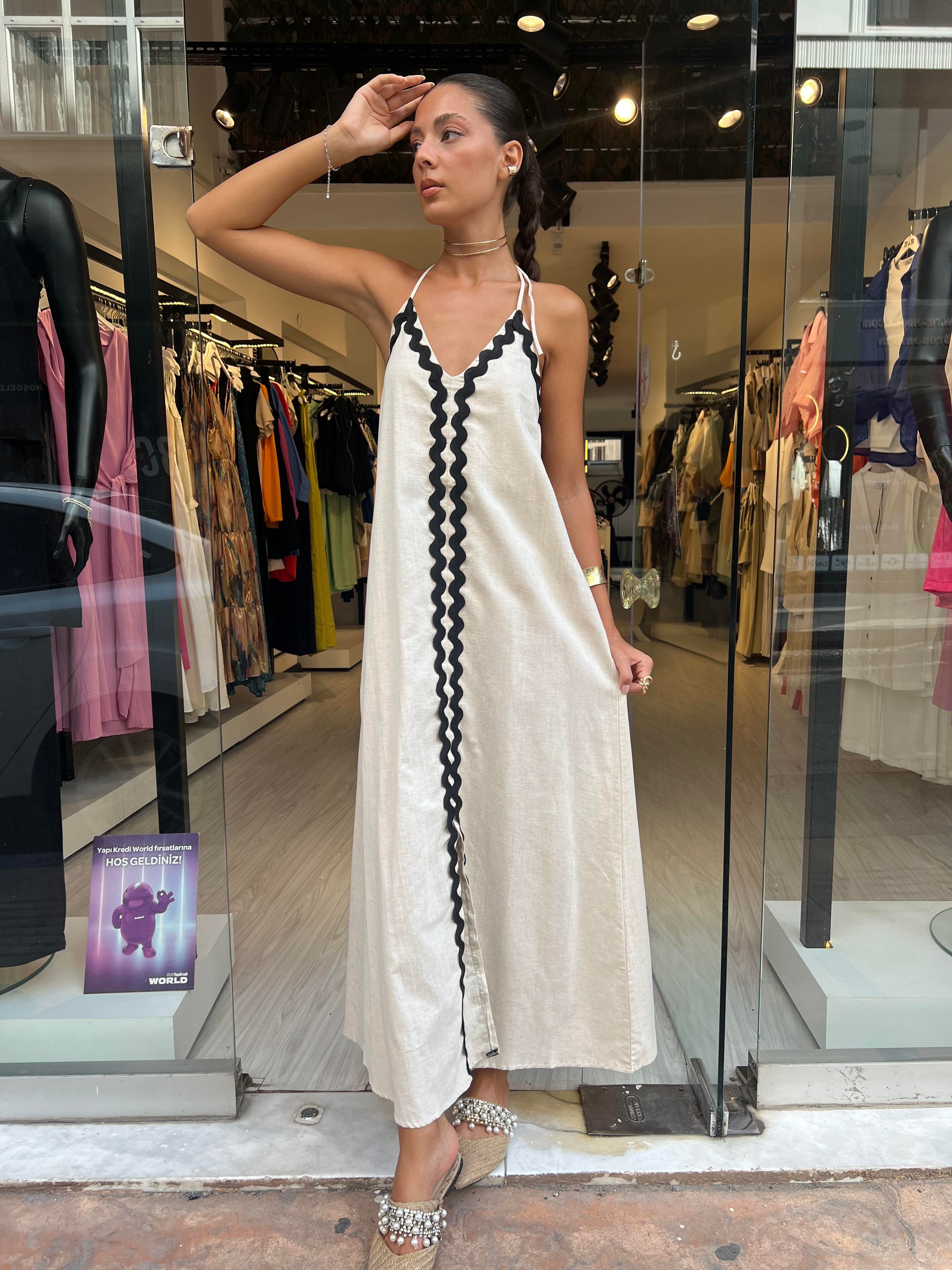 Key.Biyeli Boyundan Bağlamalı Elbise -Taş