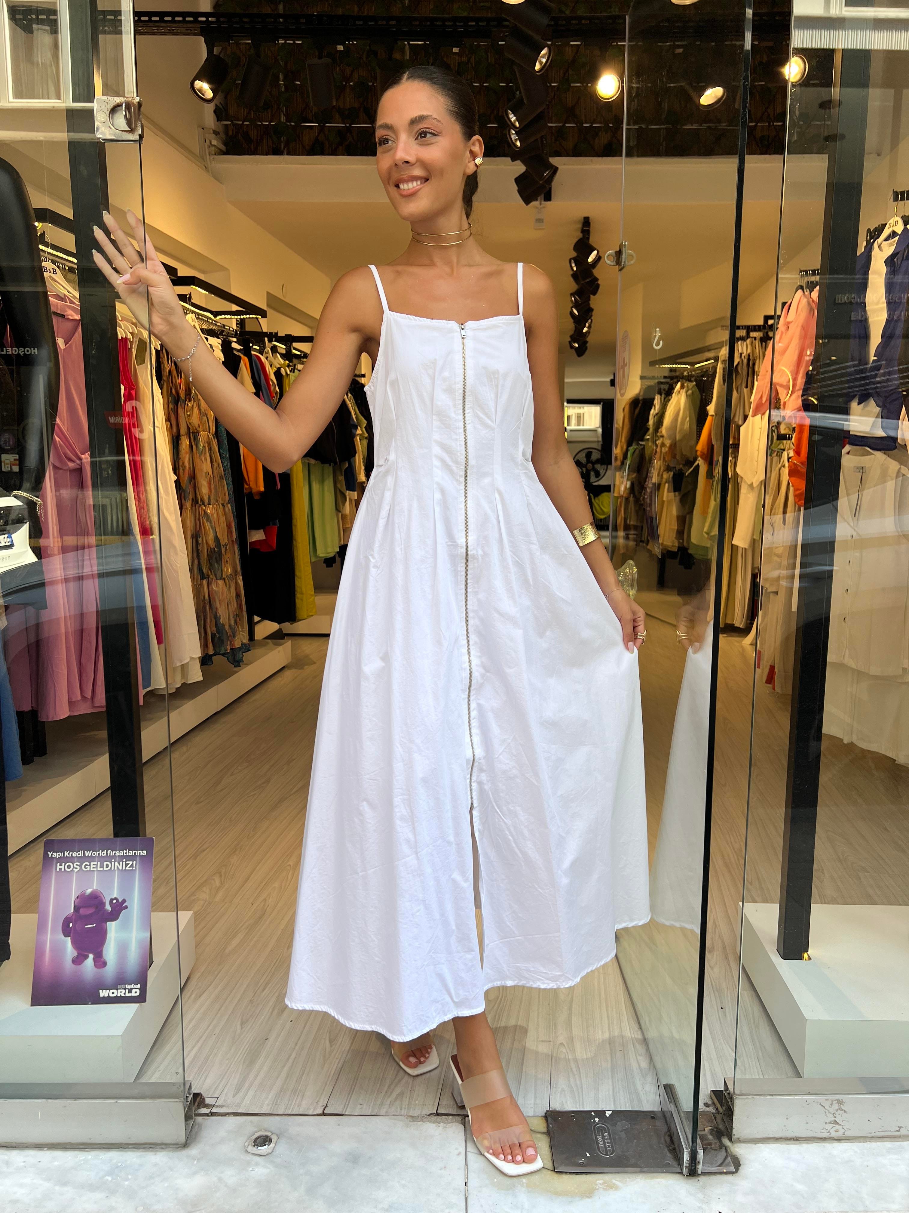 Key.Fermuarlı Askılı Elbise-Beyaz