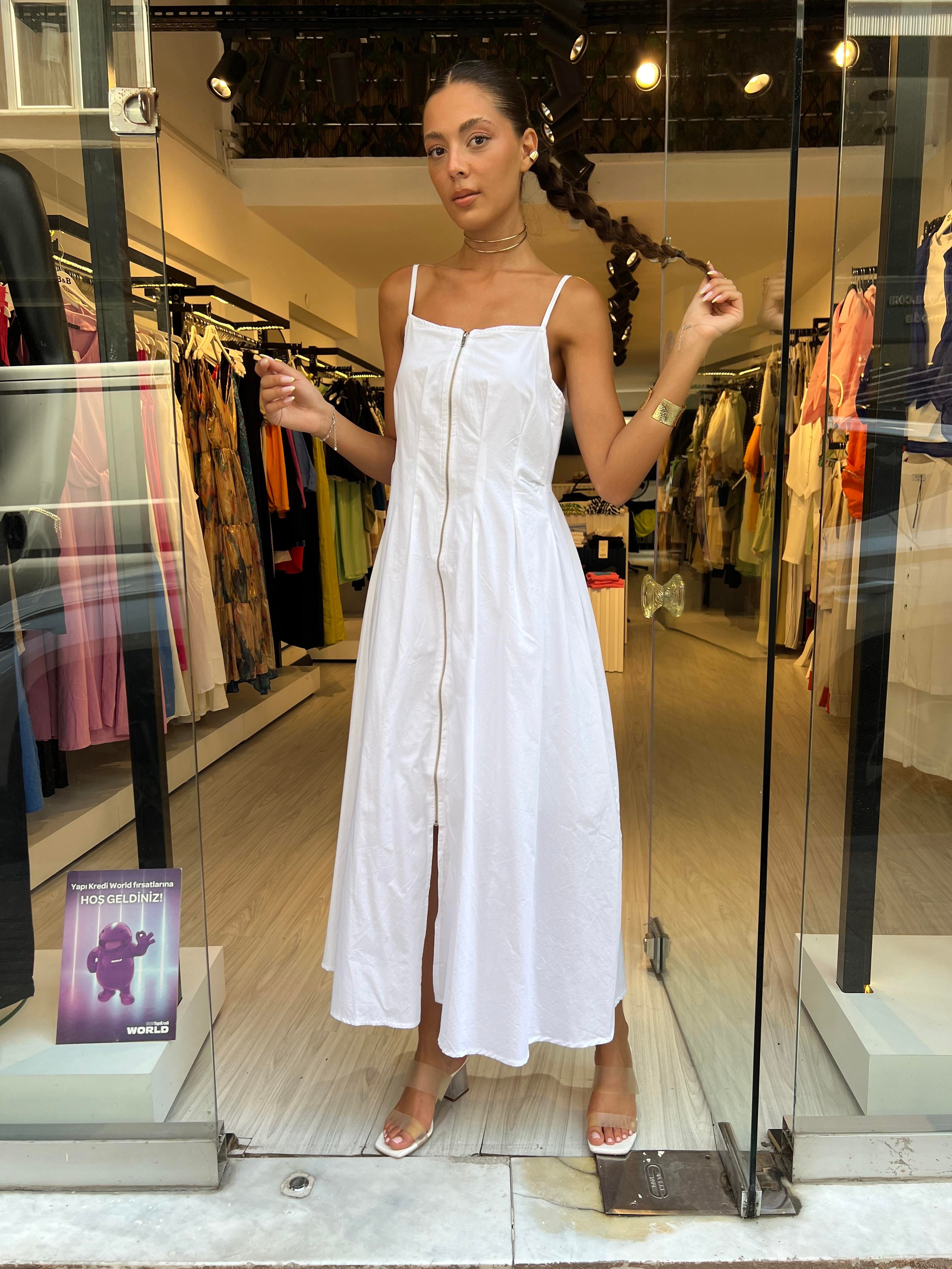 Key.Fermuarlı Askılı Elbise-Beyaz