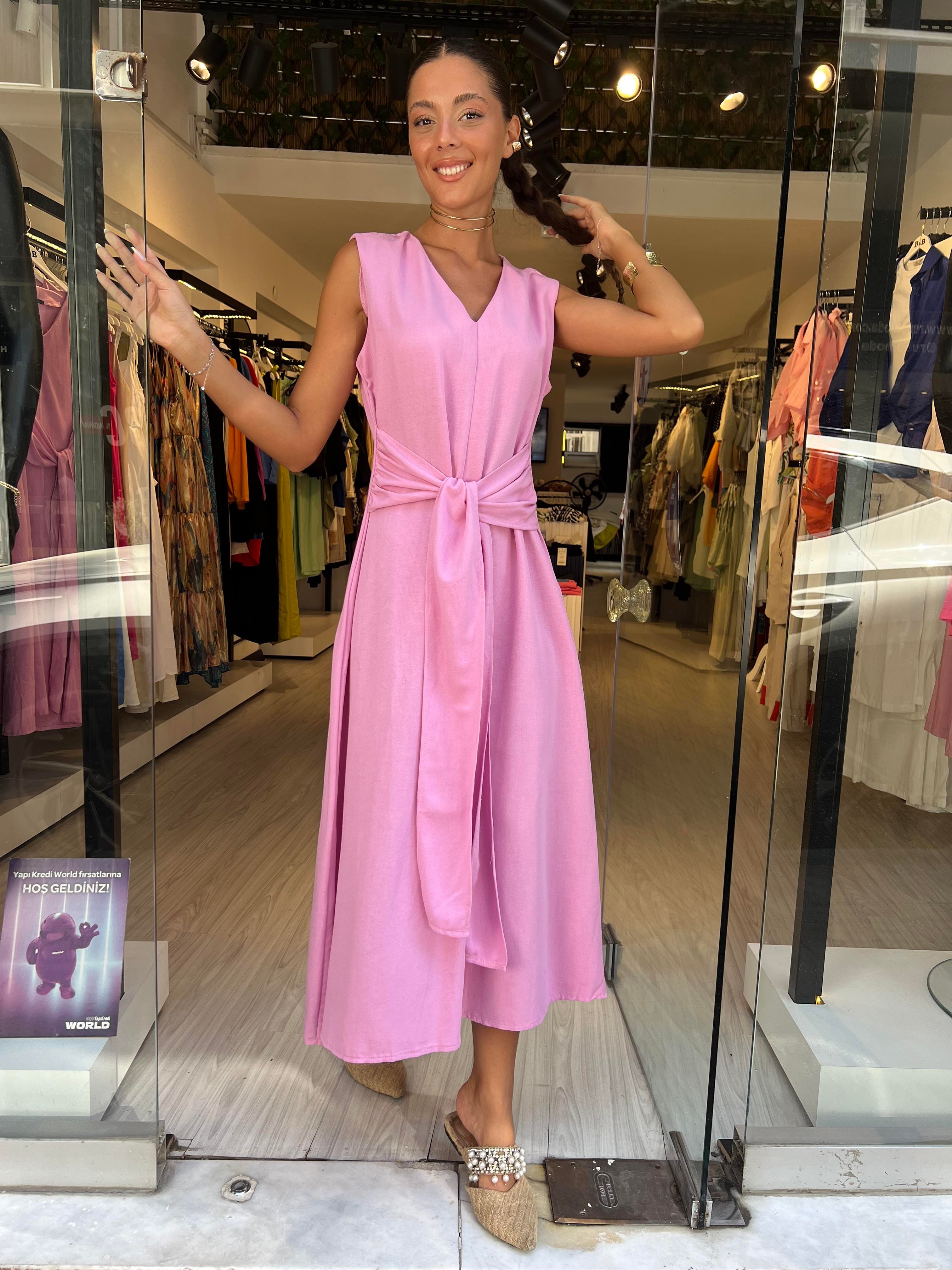 Önden Bağlamalı Keten Elbise-Pembe 