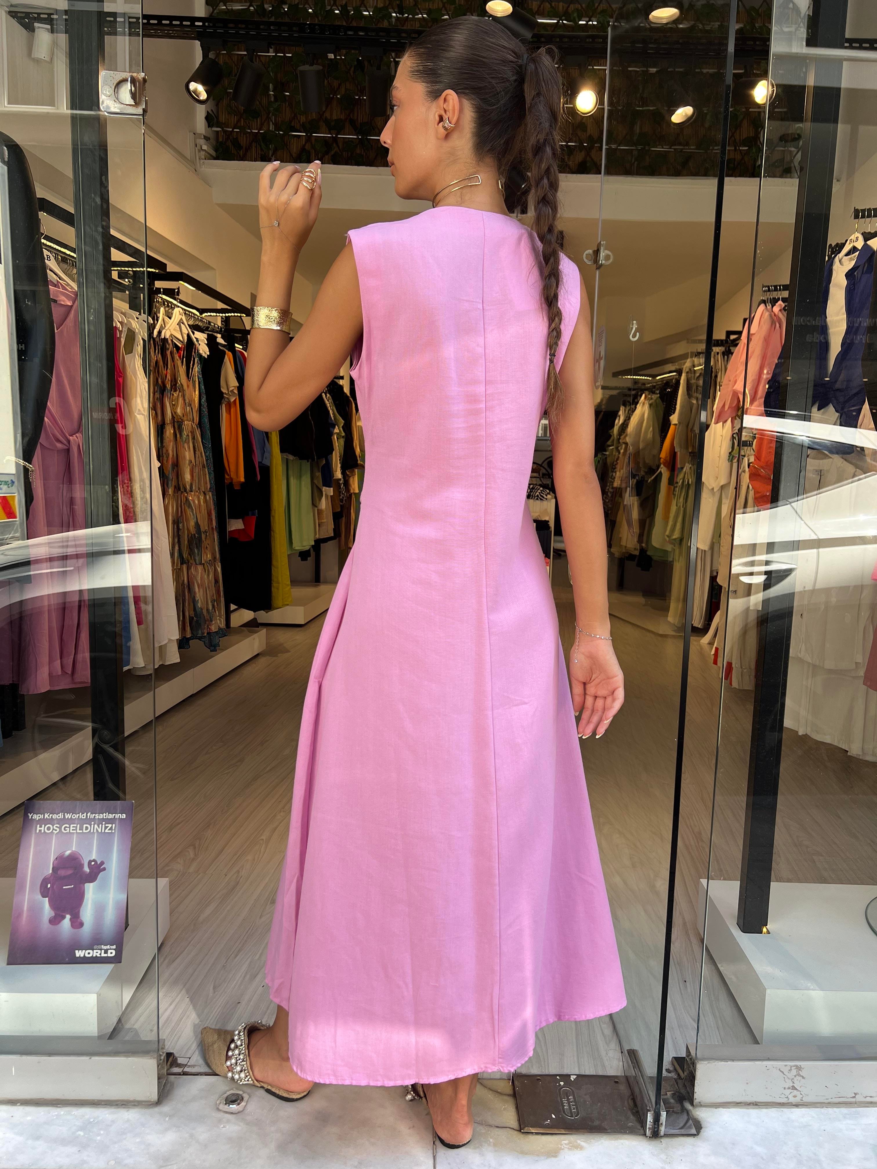 Önden Bağlamalı Keten Elbise-Pembe 