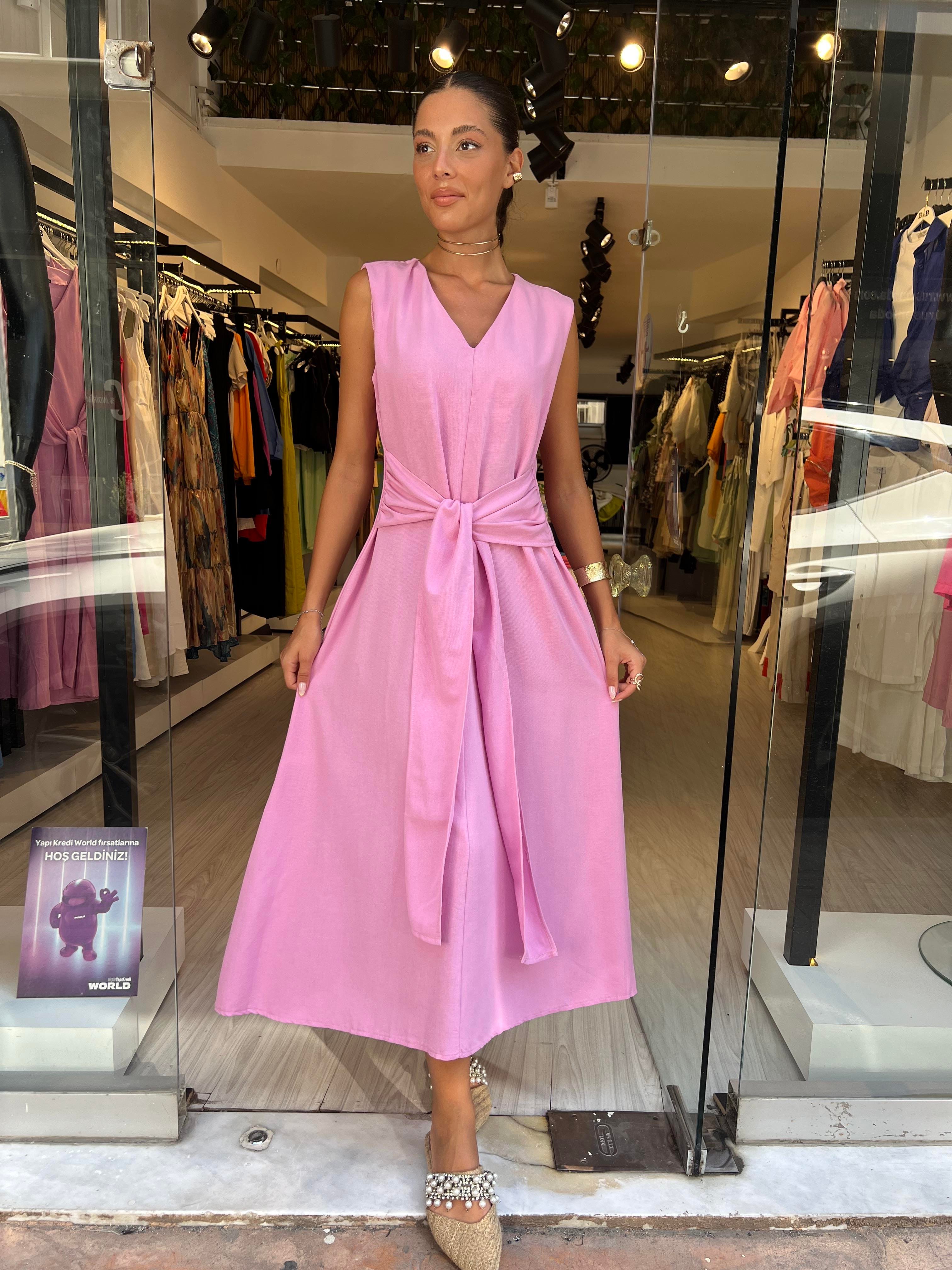 Önden Bağlamalı Keten Elbise-Pembe 