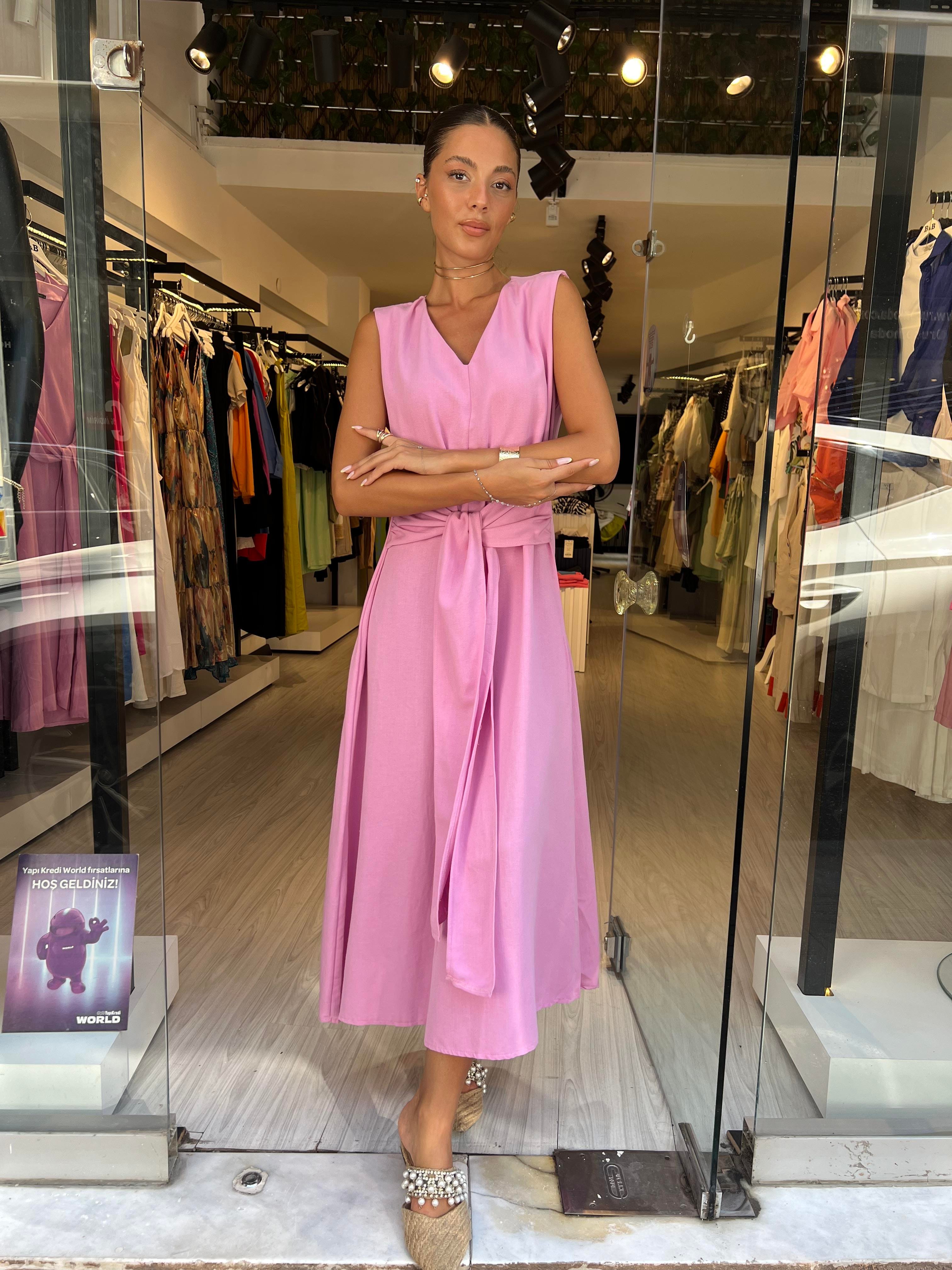 Önden Bağlamalı Keten Elbise-Pembe 