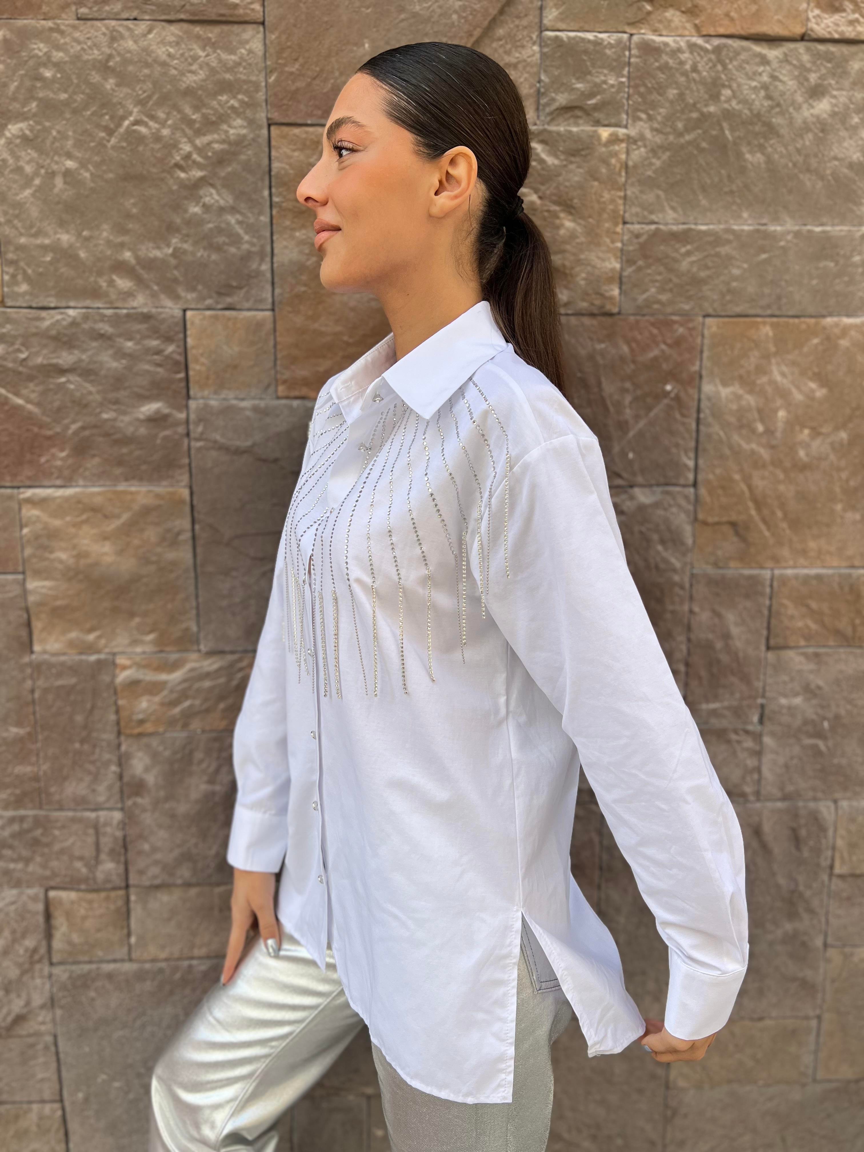 Q.Taş Detaylı Gömlek -Beyaz