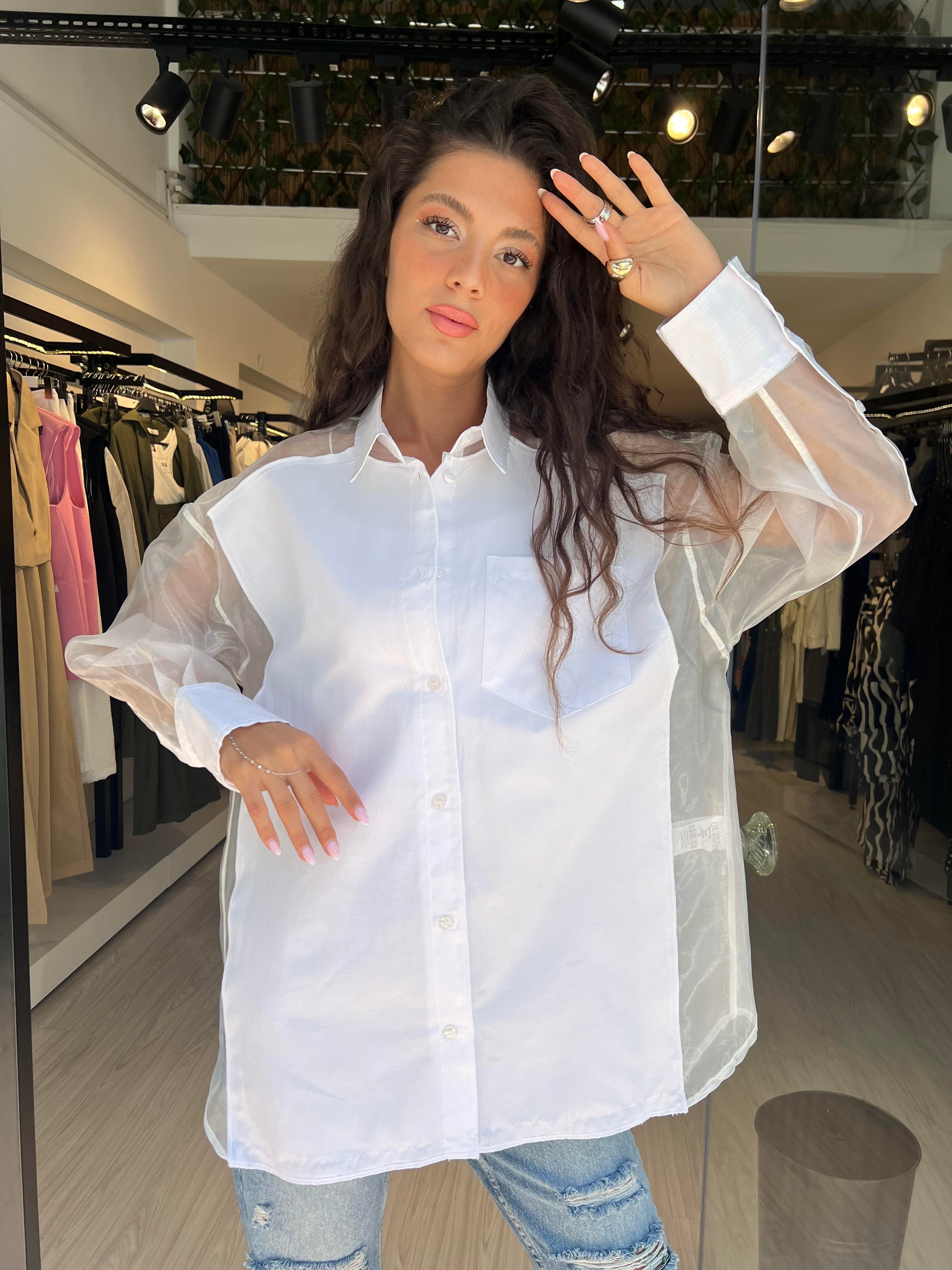 Q.Organze Tül Detaylı Gömlek-Beyaz