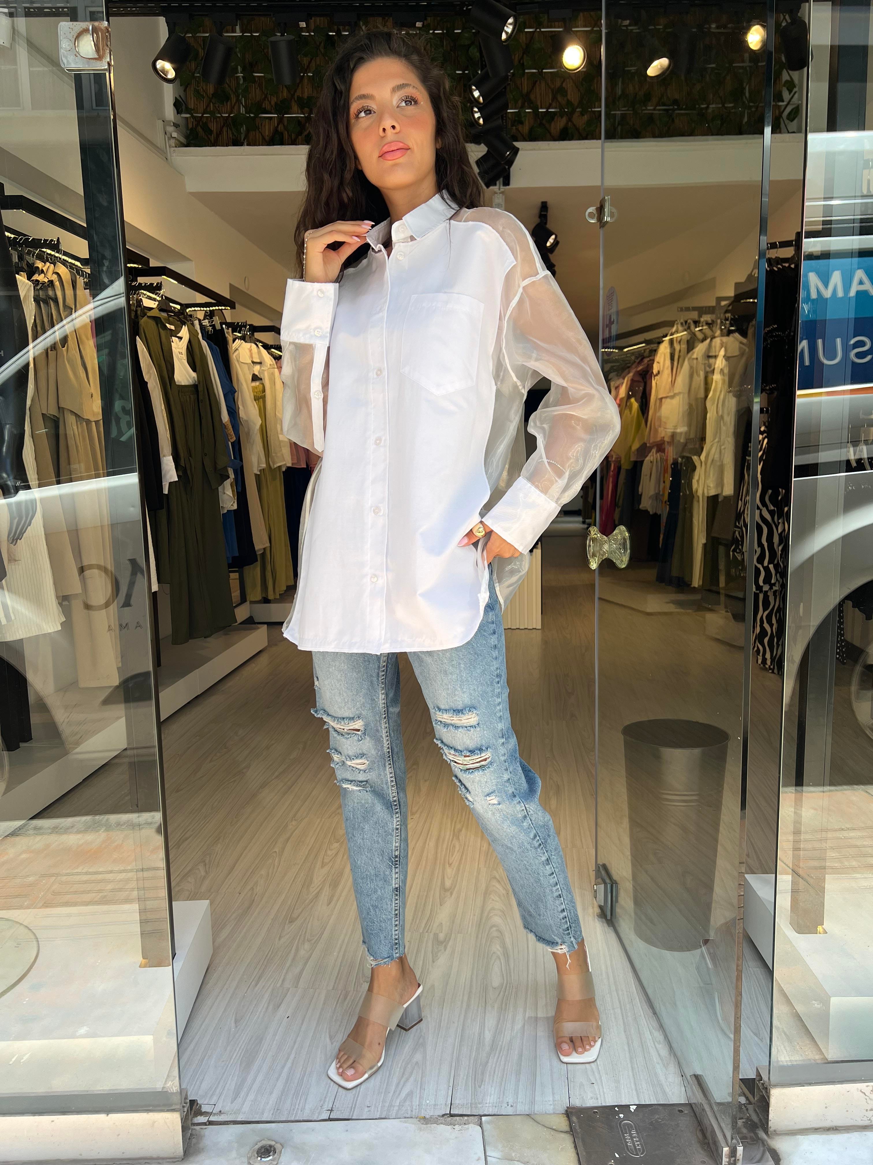 Q.Organze Tül Detaylı Gömlek-Beyaz