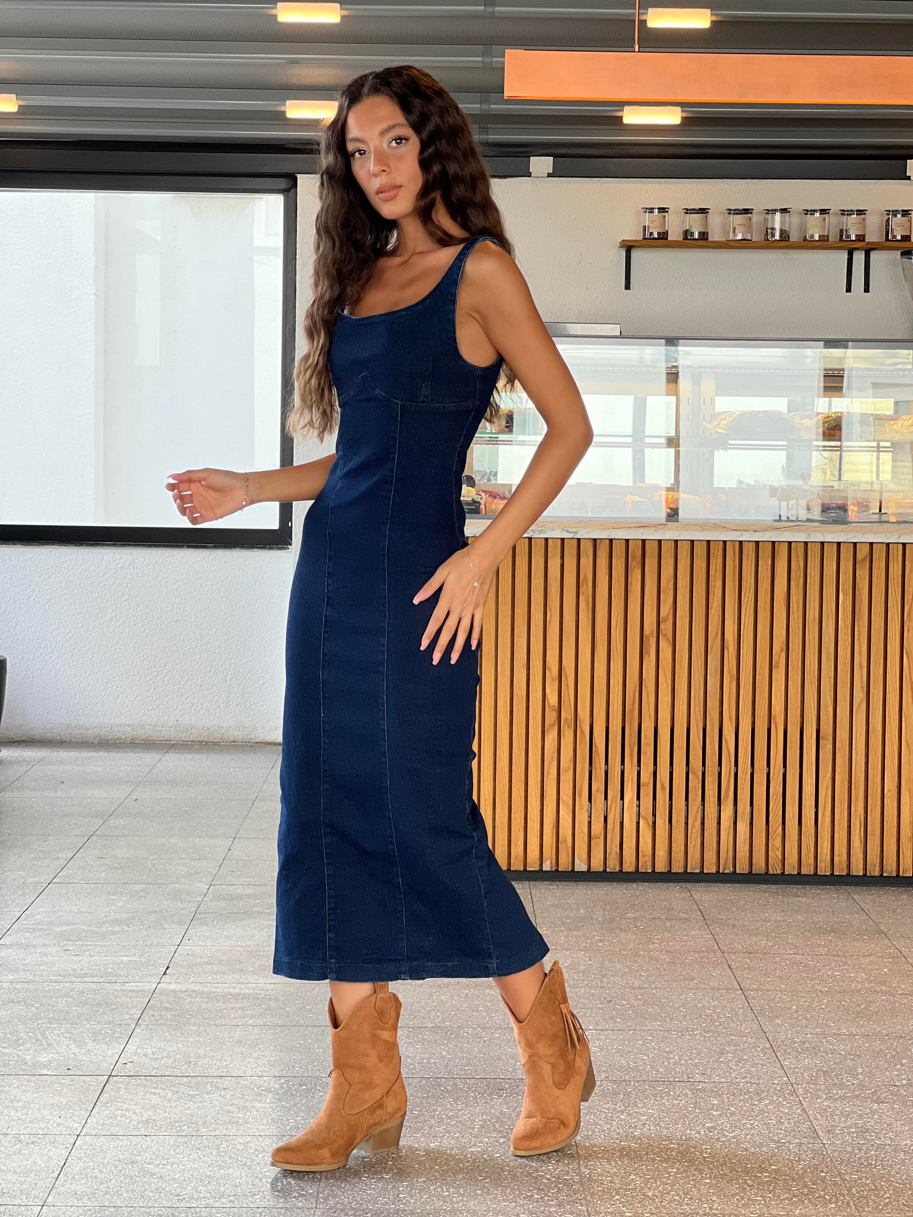 Q.Askılı Jean Elbise-Lacivert