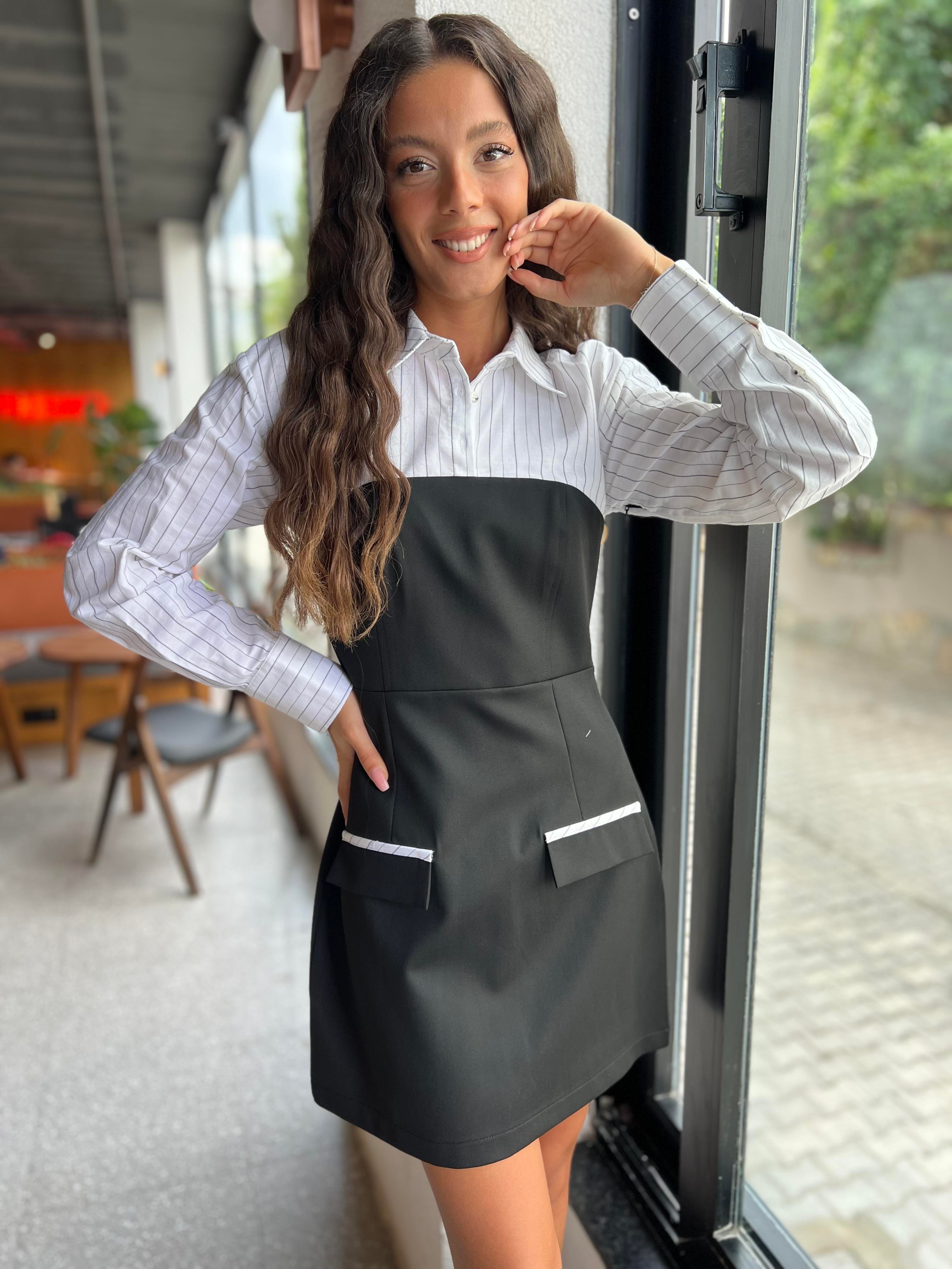 Q.Gömlek Detaylı Elbise-Siyah