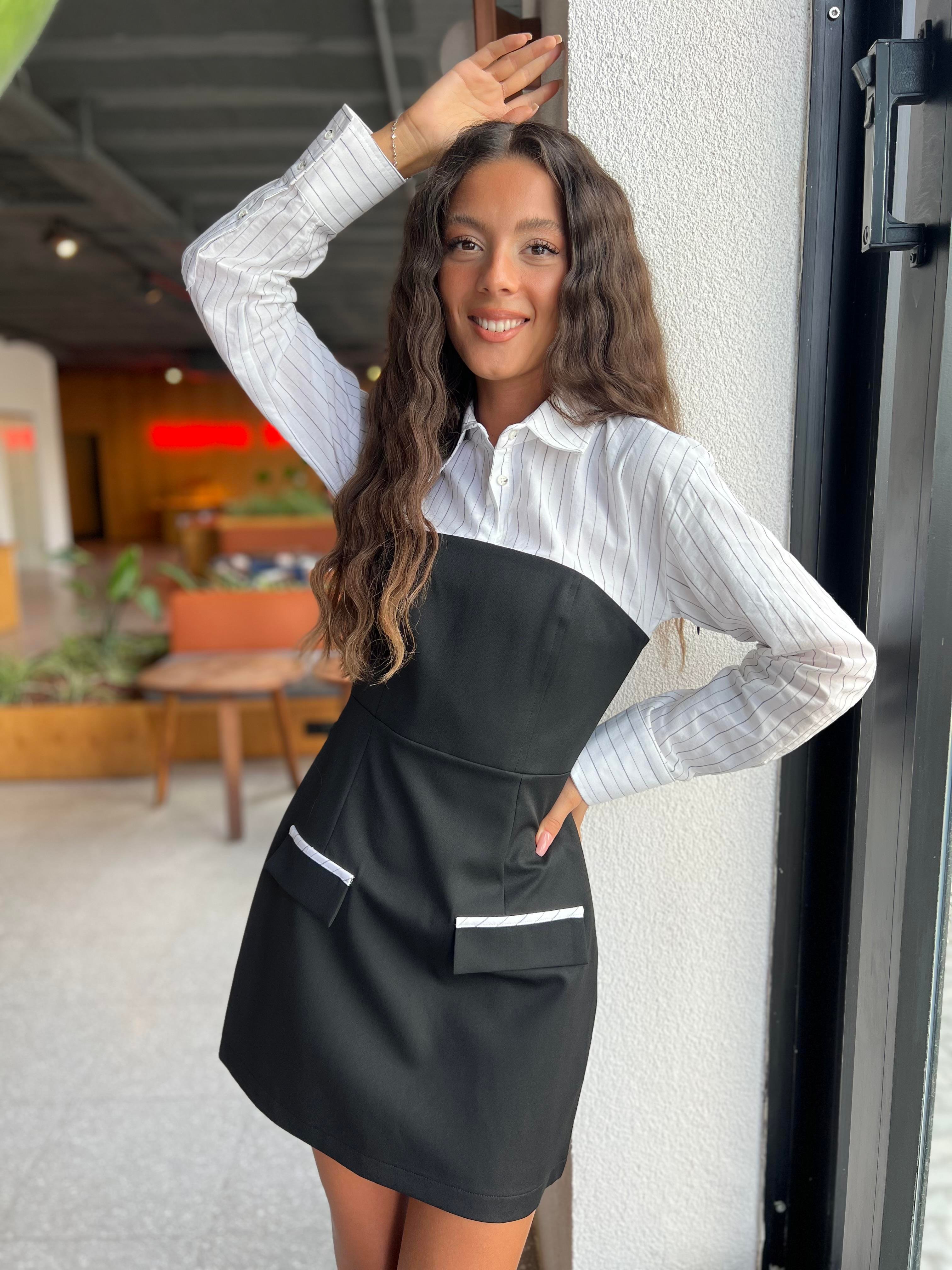 Q.Gömlek Detaylı Elbise-Siyah