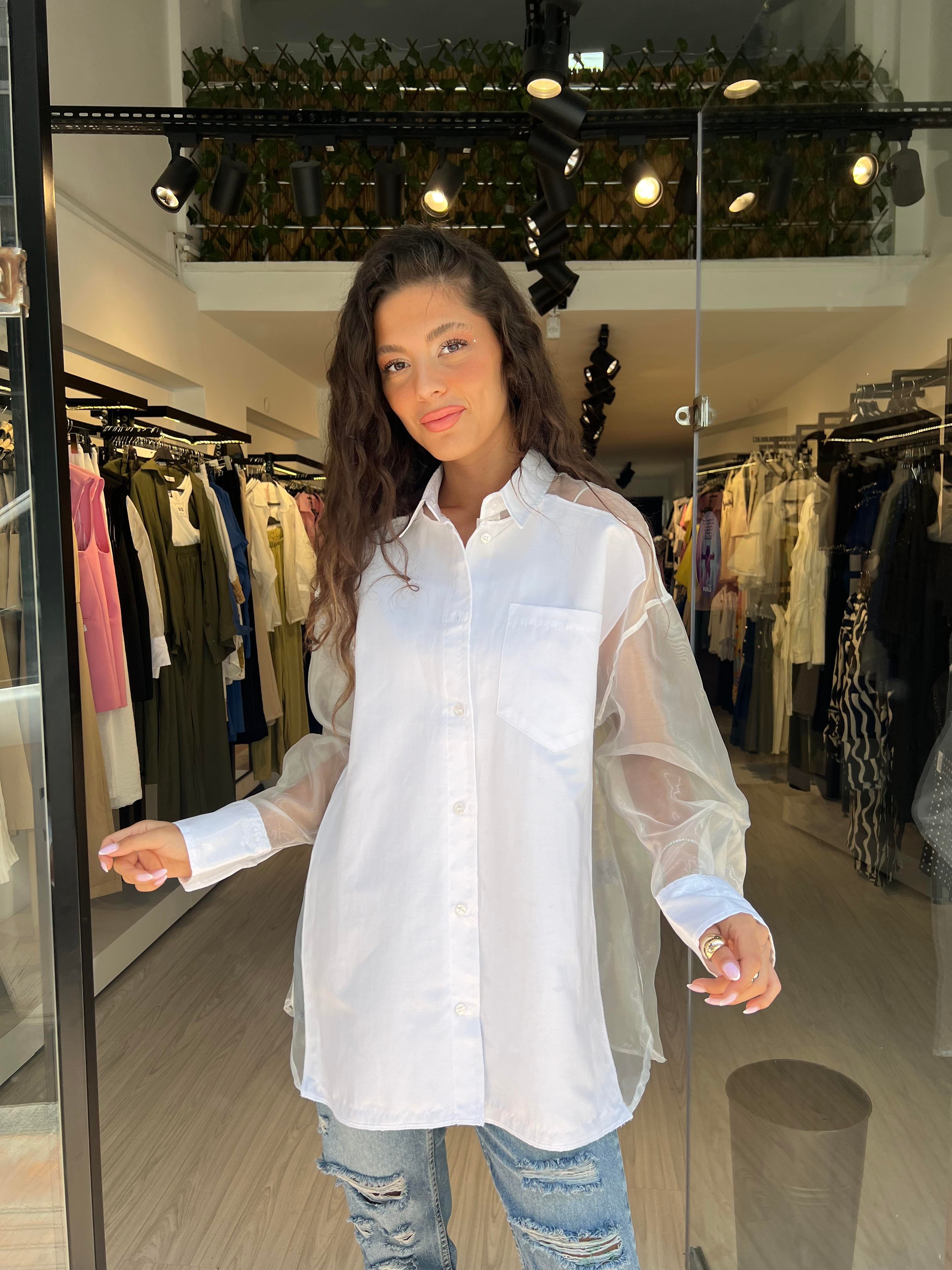 Q.Organze Tül Detaylı Gömlek-Beyaz