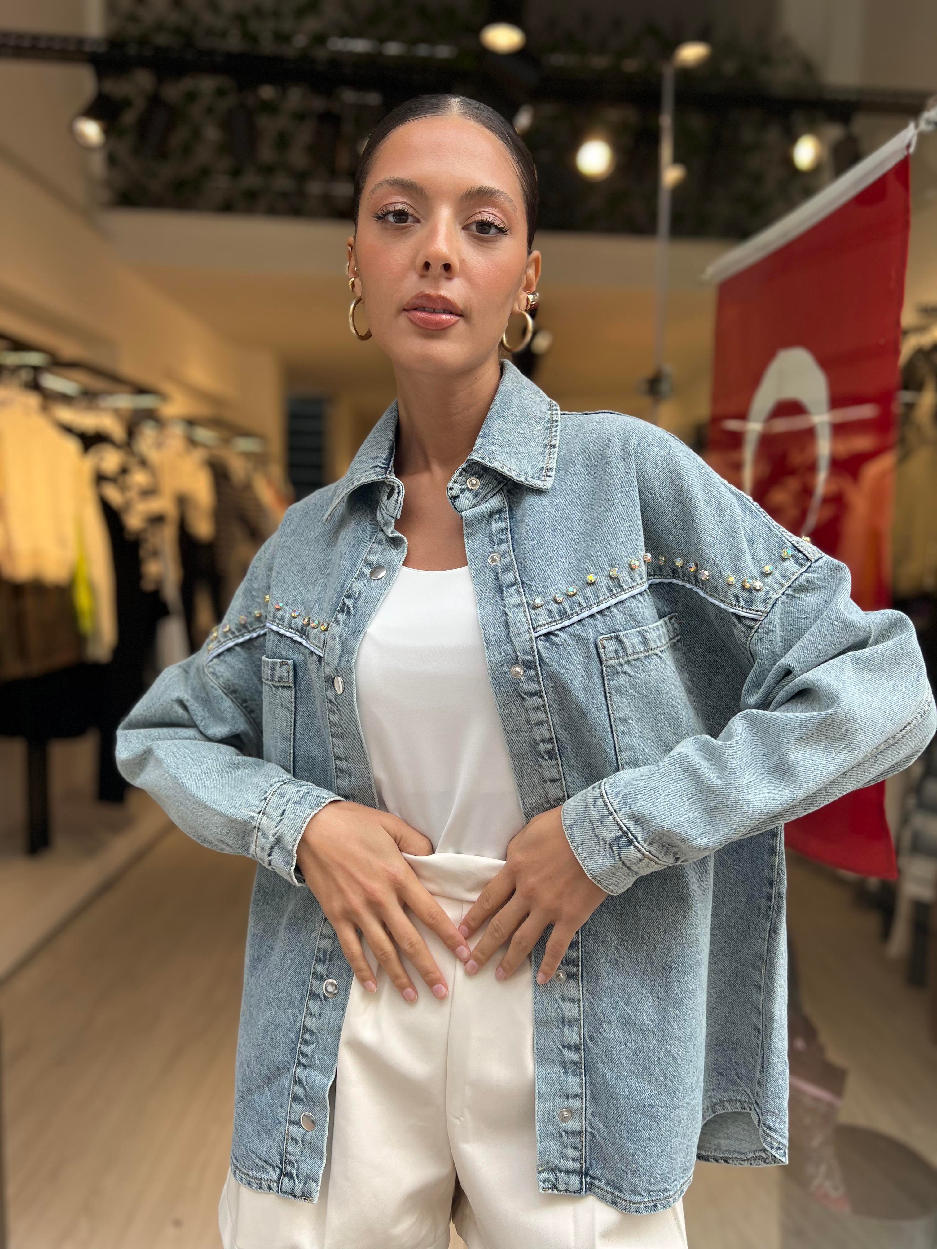 Taşlı Kot Gömlek-Mavi