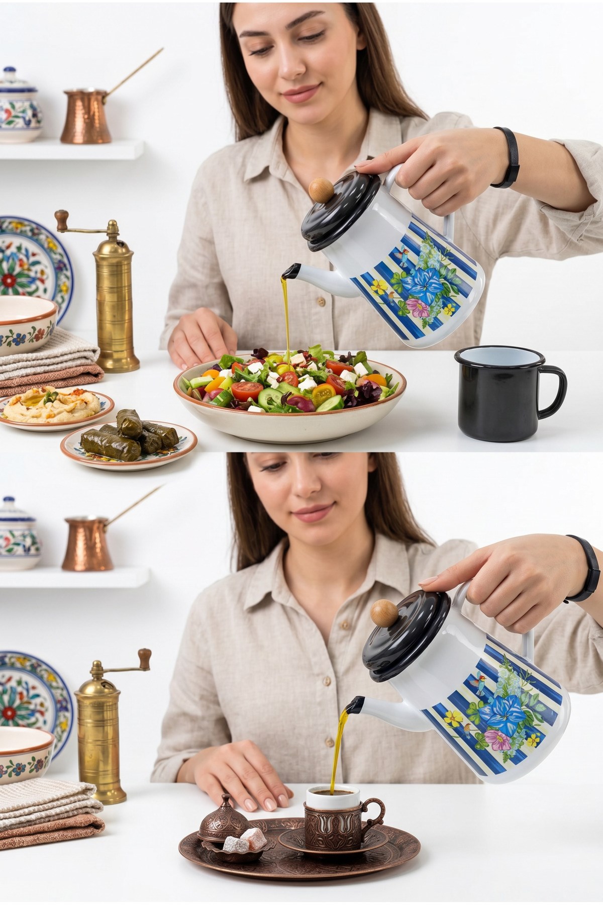 1 Litre Emaye Yağdanlık, Siyah Kapak Piyano Desen Kahve Demliği ,Çay Demliği , Kahve Potu , Kamp Demliği ,Hediye
