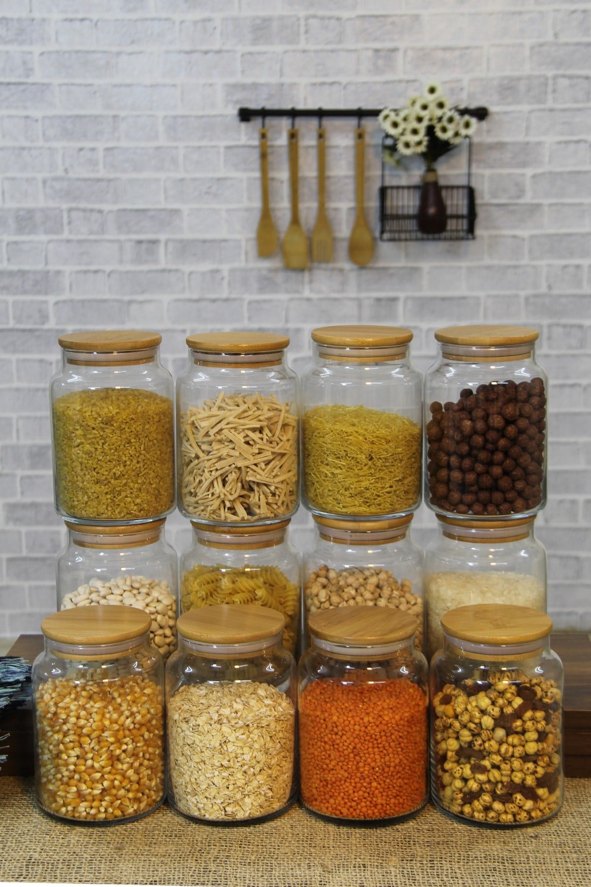 12 Adet 800 Ml Bambu Kapaklı Vakumlu Cam Kavanoz Saklama Kabı Seti, Baharat Takımı