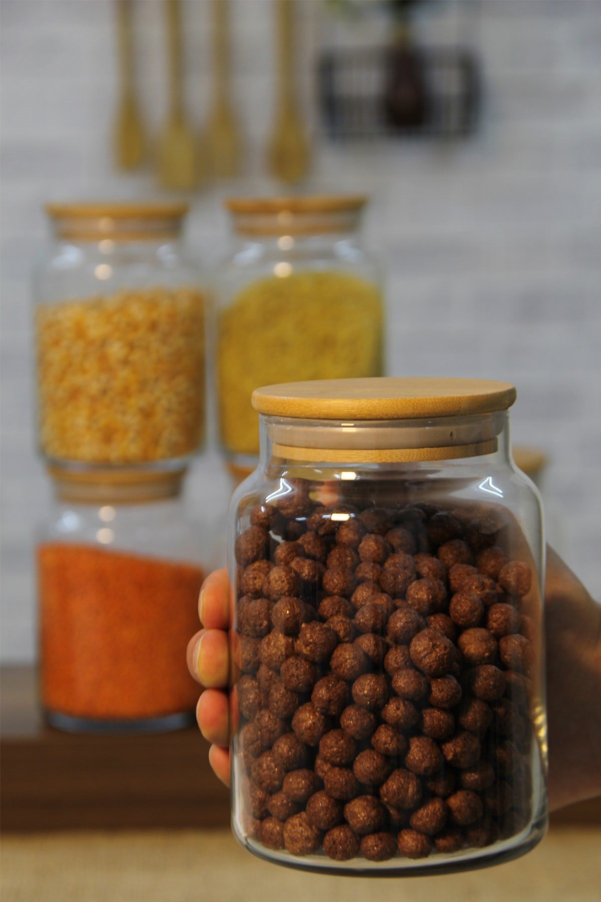 12 Adet 800 Ml Bambu Kapaklı Vakumlu Cam Kavanoz Saklama Kabı Seti, Baharat Takımı