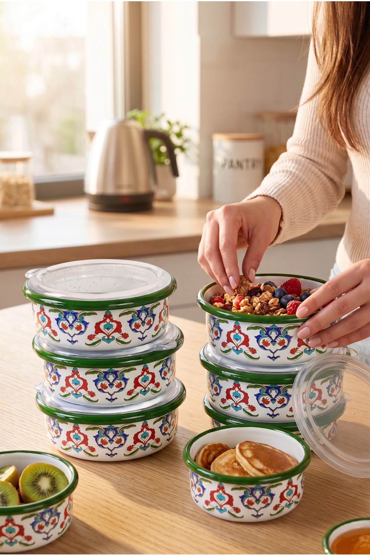 12 Parça 6 lı Emaye Kapaklı Kahvaltı Seti, Kahvaltı Tabağı, Sunum, Zeytin, Reçellik, Peynir Tabağı, Hediye, Çeyiz