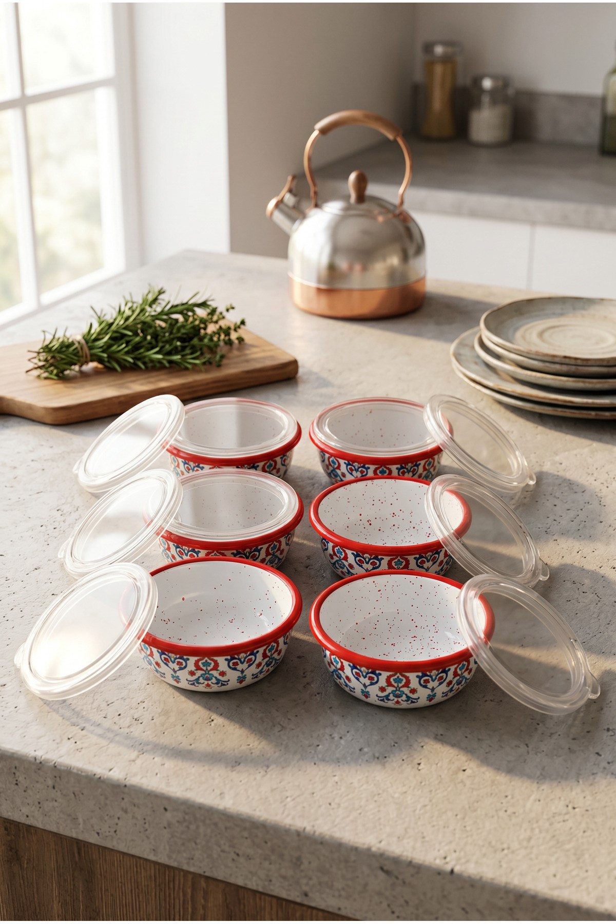 12 Parça 6 lı Emaye Kapaklı Kahvaltı Seti, Kahvaltı Tabağı, Sunum, Zeytin, Reçellik, Peynir Tabağı, Hediye, Çeyiz