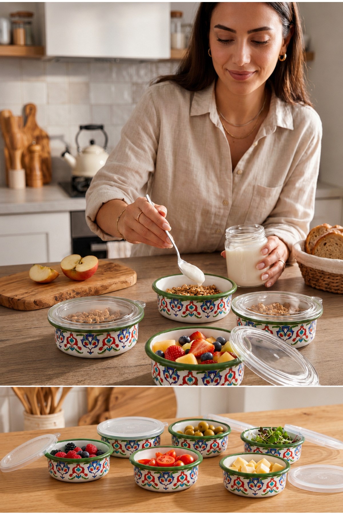 12 Parça 6 lı Emaye Kapaklı Kahvaltı Seti, Kahvaltı Tabağı, Sunum, Zeytin, Reçellik, Peynir Tabağı, Hediye, Çeyiz