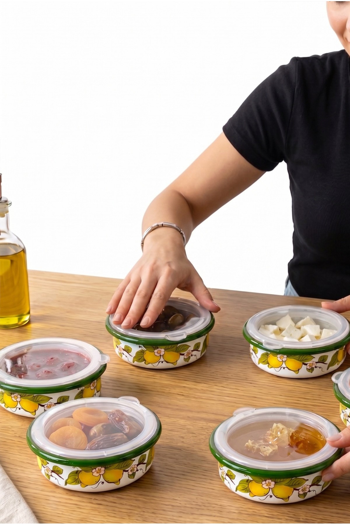 12 Parça 6 lı Emaye Kapaklı Kahvaltı Seti, Kahvaltı Tabağı, Sunum, Zeytin, Reçellik, Peynir Tabağı, Hediye, Çeyiz
