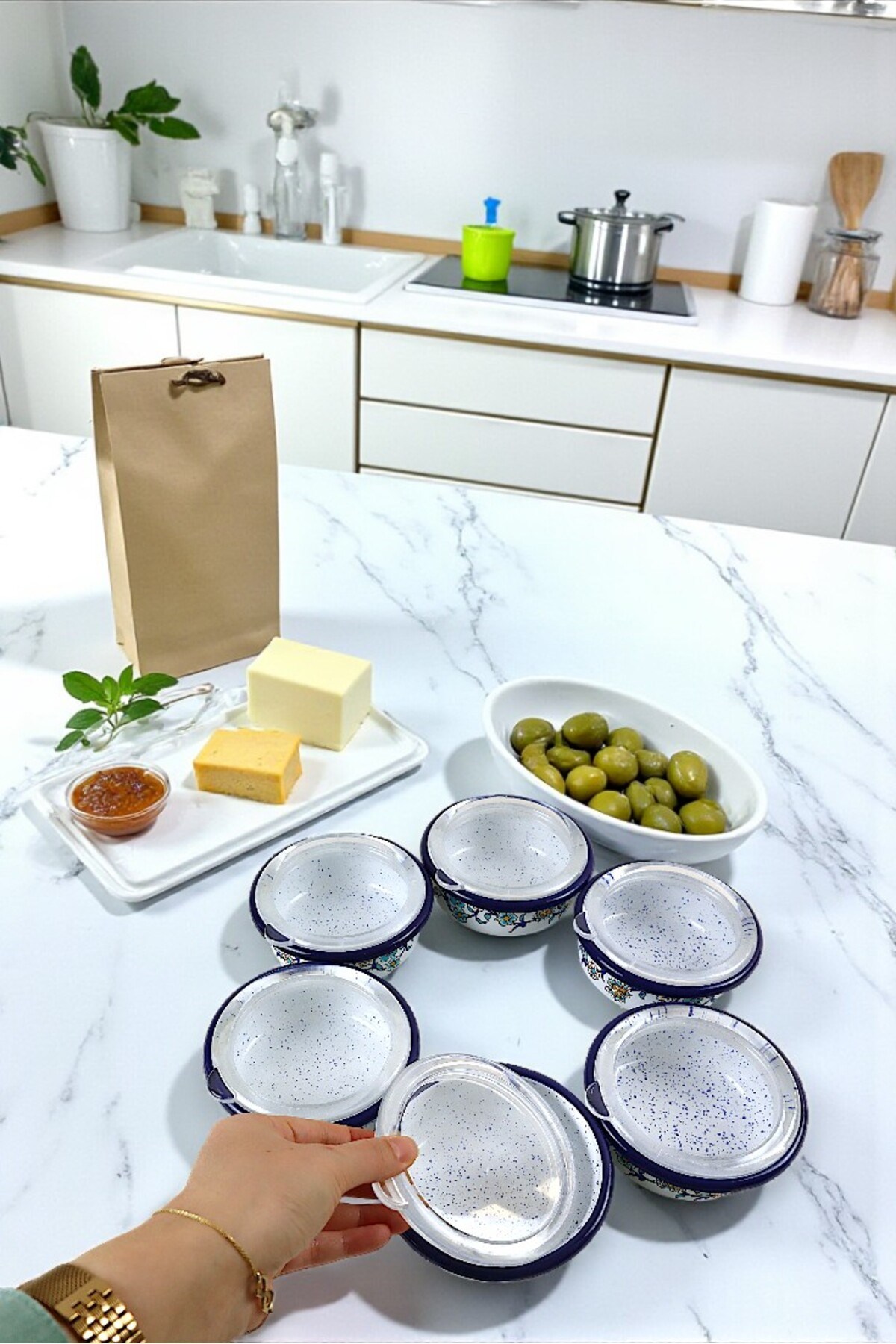 12 Parça 6 lı Emaye Kapaklı Kahvaltı Seti, Kahvaltı Tabağı, Sunum, Zeytin, Reçellik, Peynir Tabağı, Hediye, Çeyiz