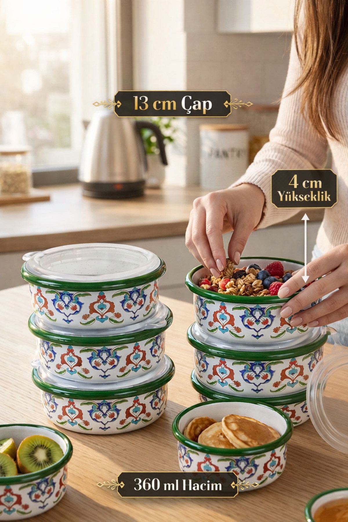 12 Parça 6 lı Emaye Kapaklı Kahvaltı Seti, Kahvaltı Tabağı, Sunum, Zeytin, Reçellik, Peynir Tabağı, Hediye, Çeyiz