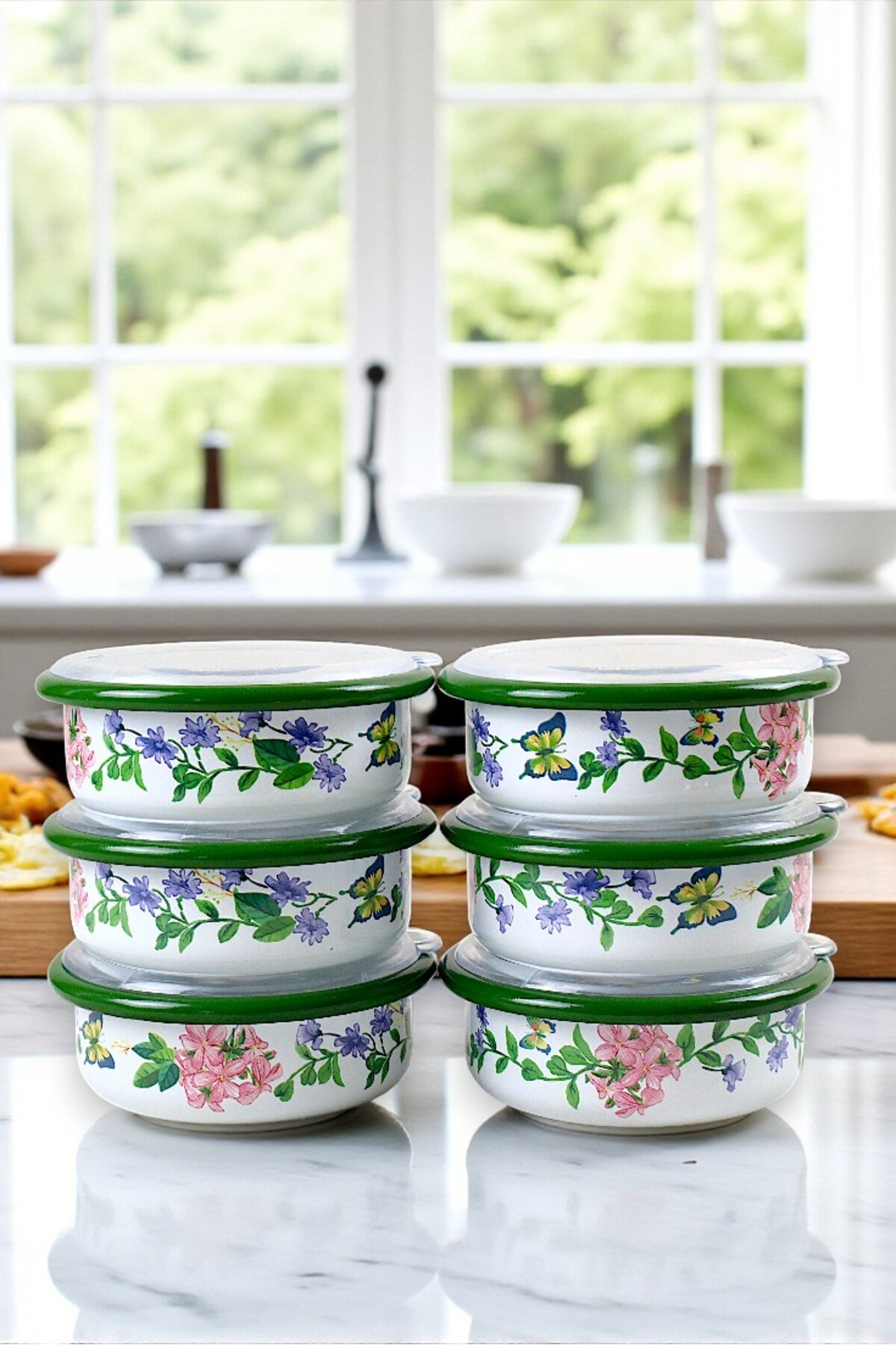 12 Parça 6 lı Emaye Kapaklı Kahvaltı Seti, Kahvaltı Tabağı, Sunum, Zeytin, Reçellik, Peynir Tabağı, Hediye, Çeyiz