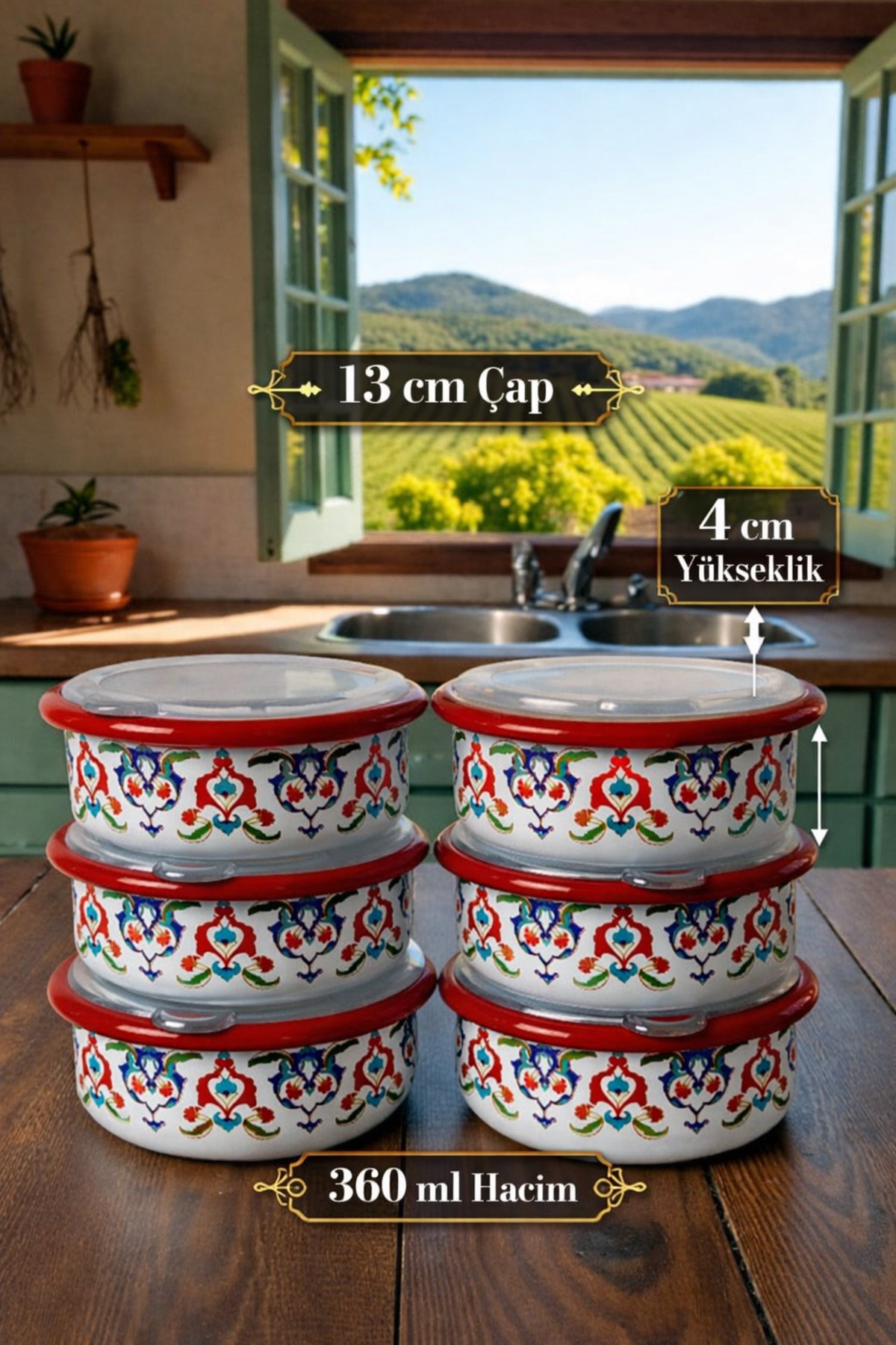12 Parça 6 lı Emaye Kapaklı Kahvaltı Seti, Kahvaltı Tabağı, Sunum, Zeytin, Reçellik, Peynir Tabağı, Hediye, Çeyiz